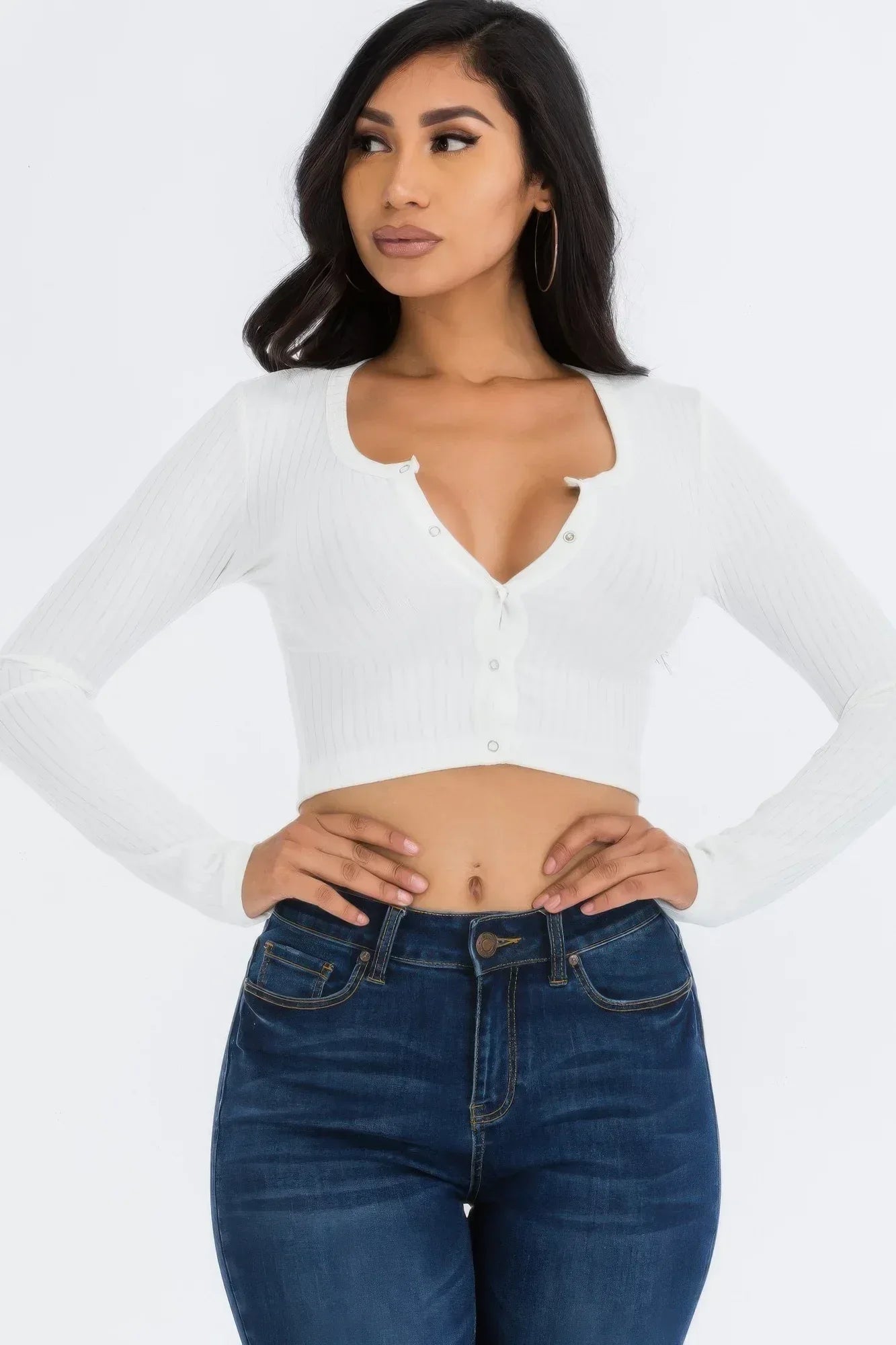 Ribbed Long Sleeve Snap Button Down Crop Top | Mixtshop LLC