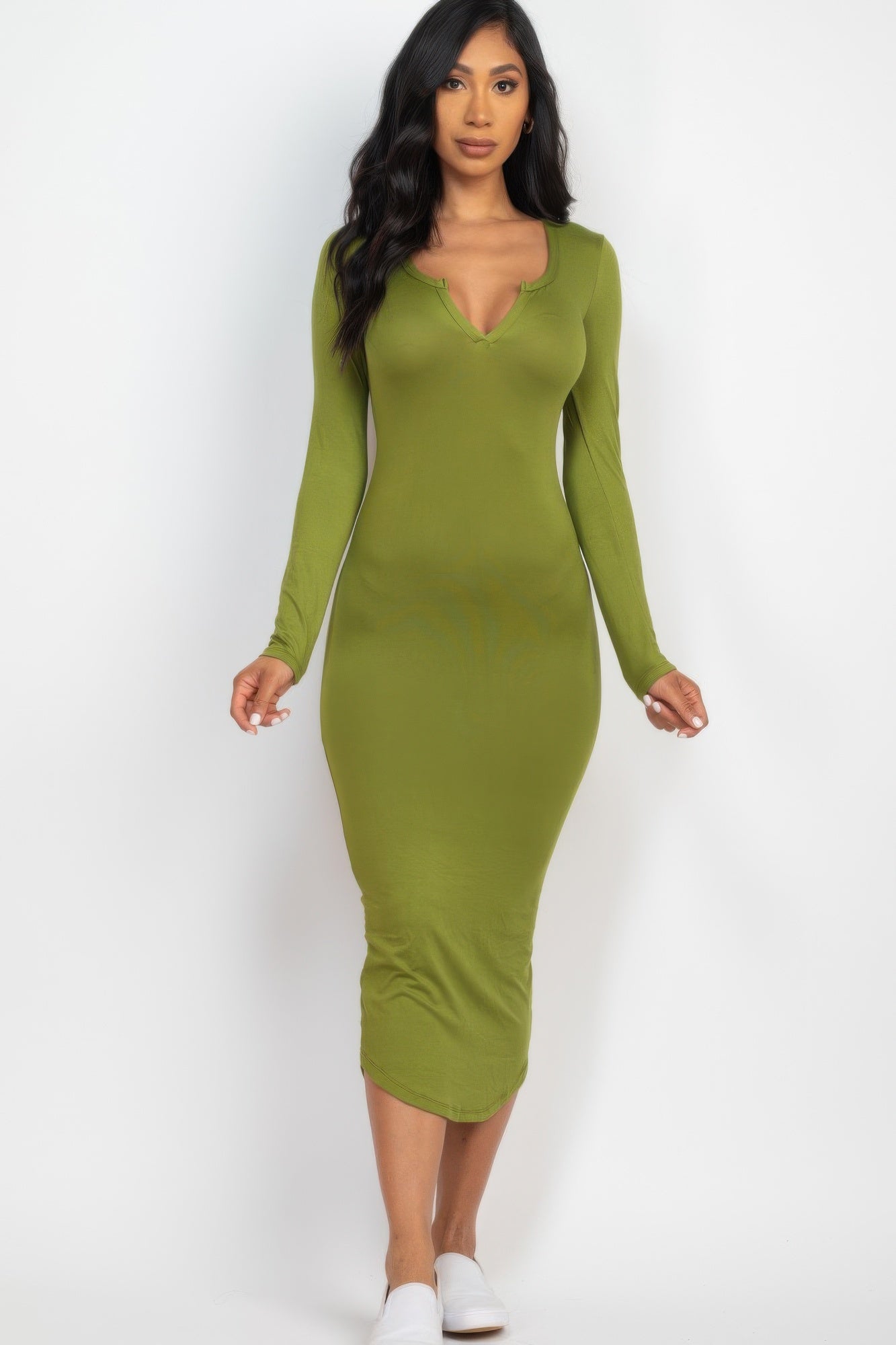 Split Neck Long Sleeve Midi Dress | Mixtshop LLC
