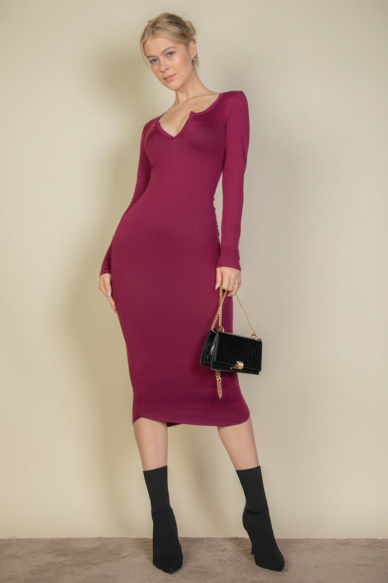 Split Neck Long Sleeve Midi Dress | Mixtshop LLC