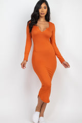 Split Neck Long Sleeve Midi Dress | Mixtshop LLC
