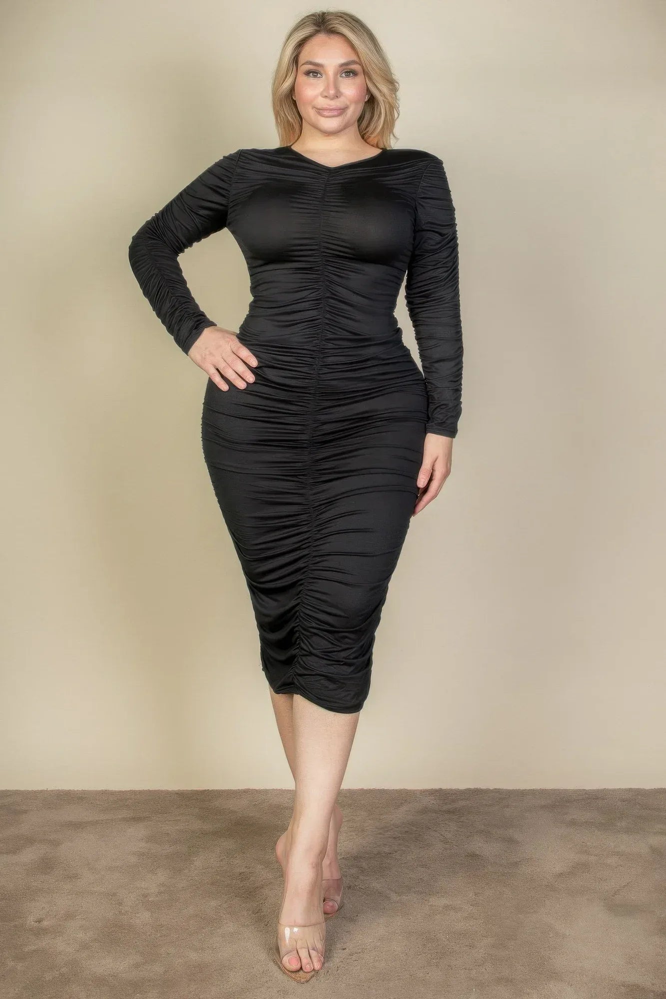 Plus Size Ruched Long Sleeve Midi Dress Secondary image