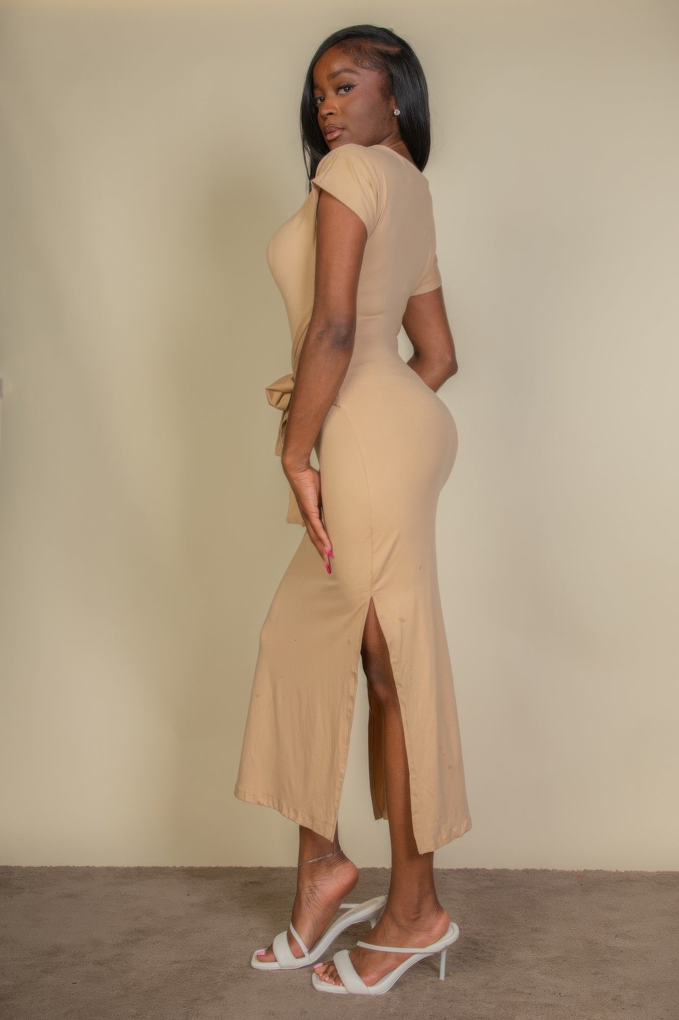 Tie Front Short Sleeve Side Slit Dress | Mixtshop LLC
