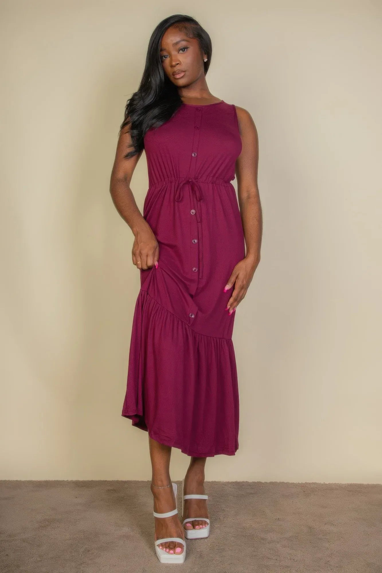 Button Front Tie Waist Sleeveless Maxi Dress | Mixtshop LLC Main image