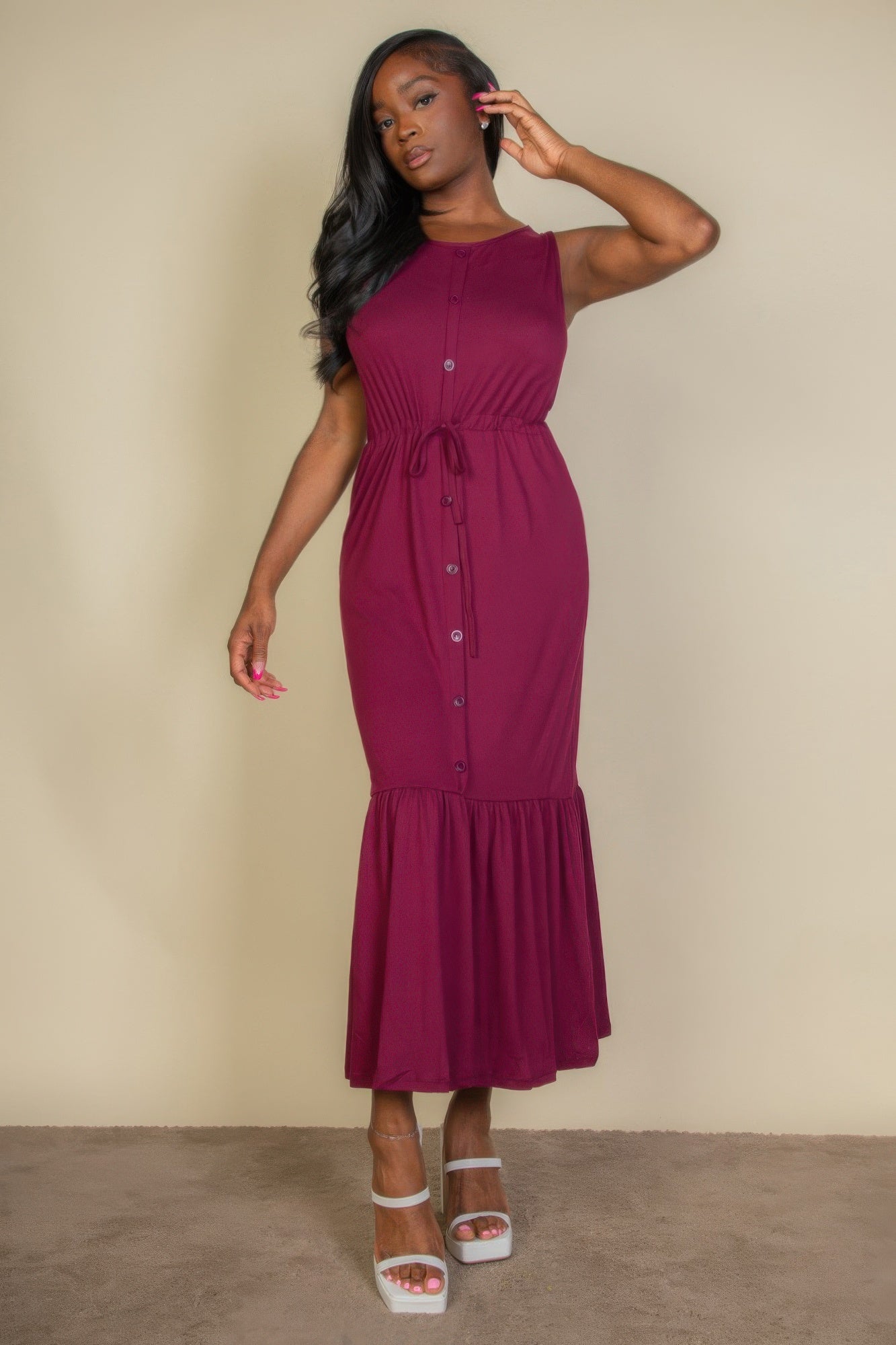 Button Front Tie Waist Sleeveless Maxi Dress | Mixtshop LLC