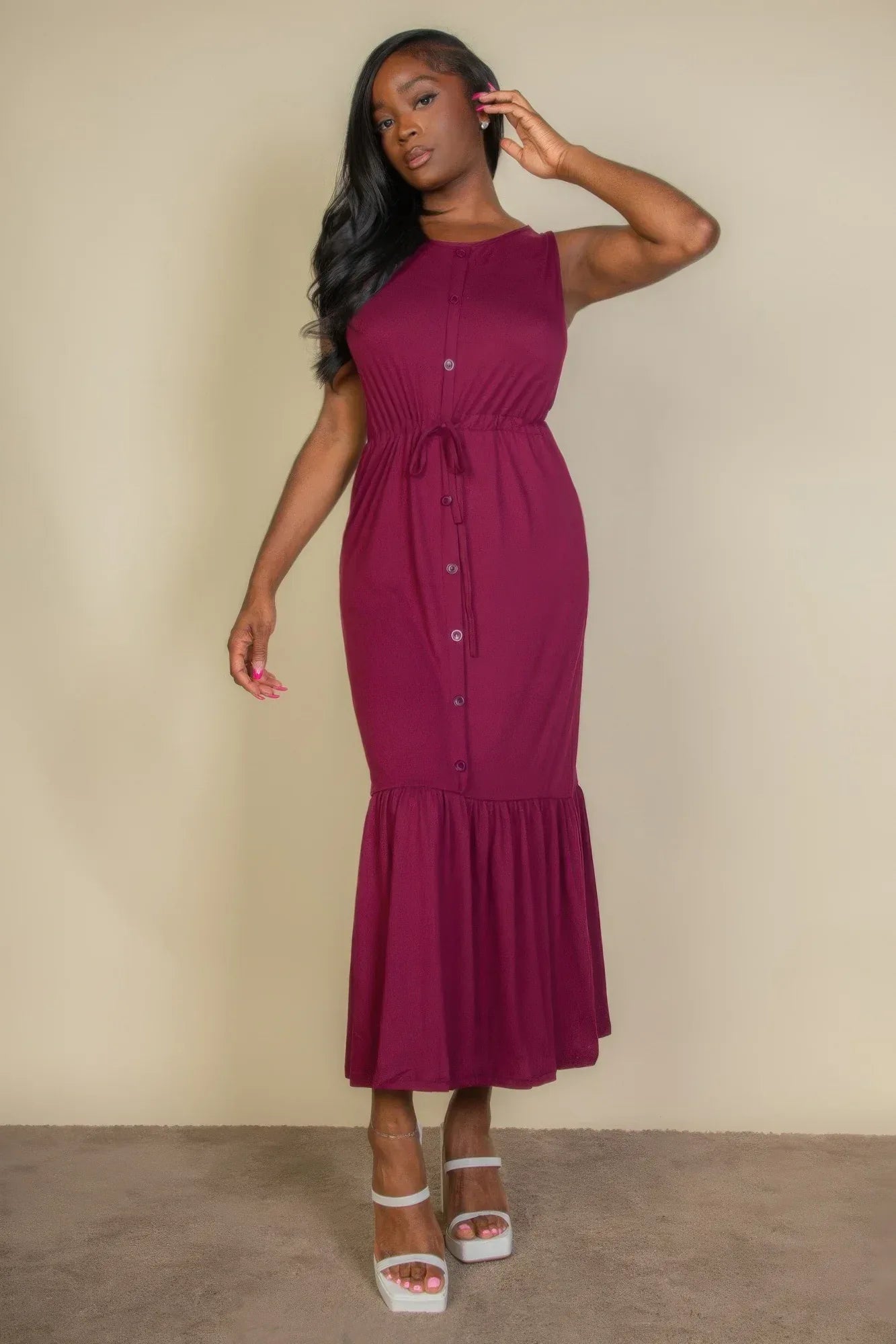 Button Front Tie Waist Sleeveless Maxi Dress | Mixtshop LLC