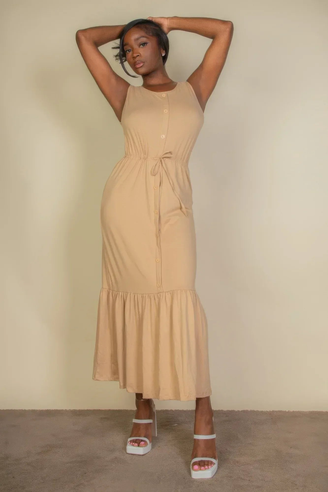 Button Front Tie Waist Sleeveless Maxi Dress | Mixtshop LLC