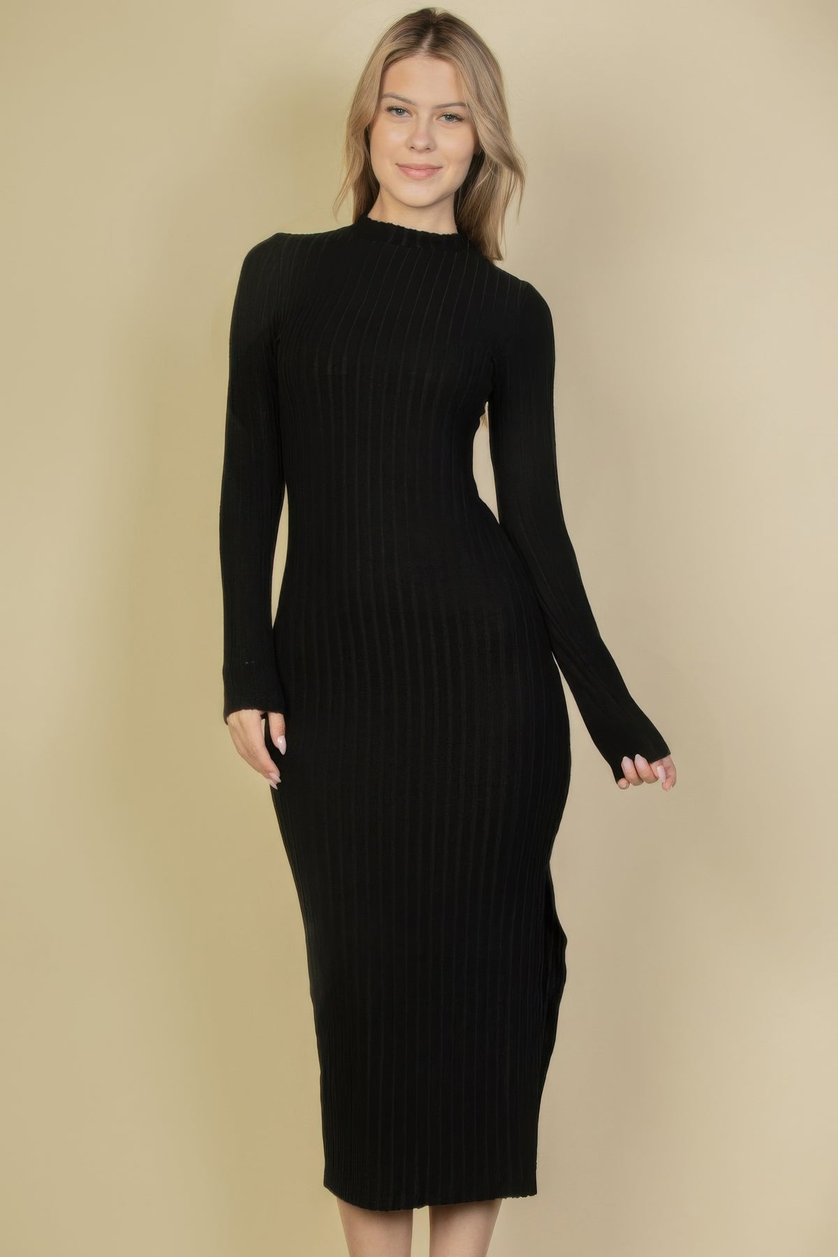 Sweater-knit Fuzzy Mock Neck Split Thigh Dress | Mixtshop LLC