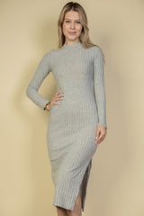 Sweater-knit Fuzzy Mock Neck Split Thigh Dress | Mixtshop LLC