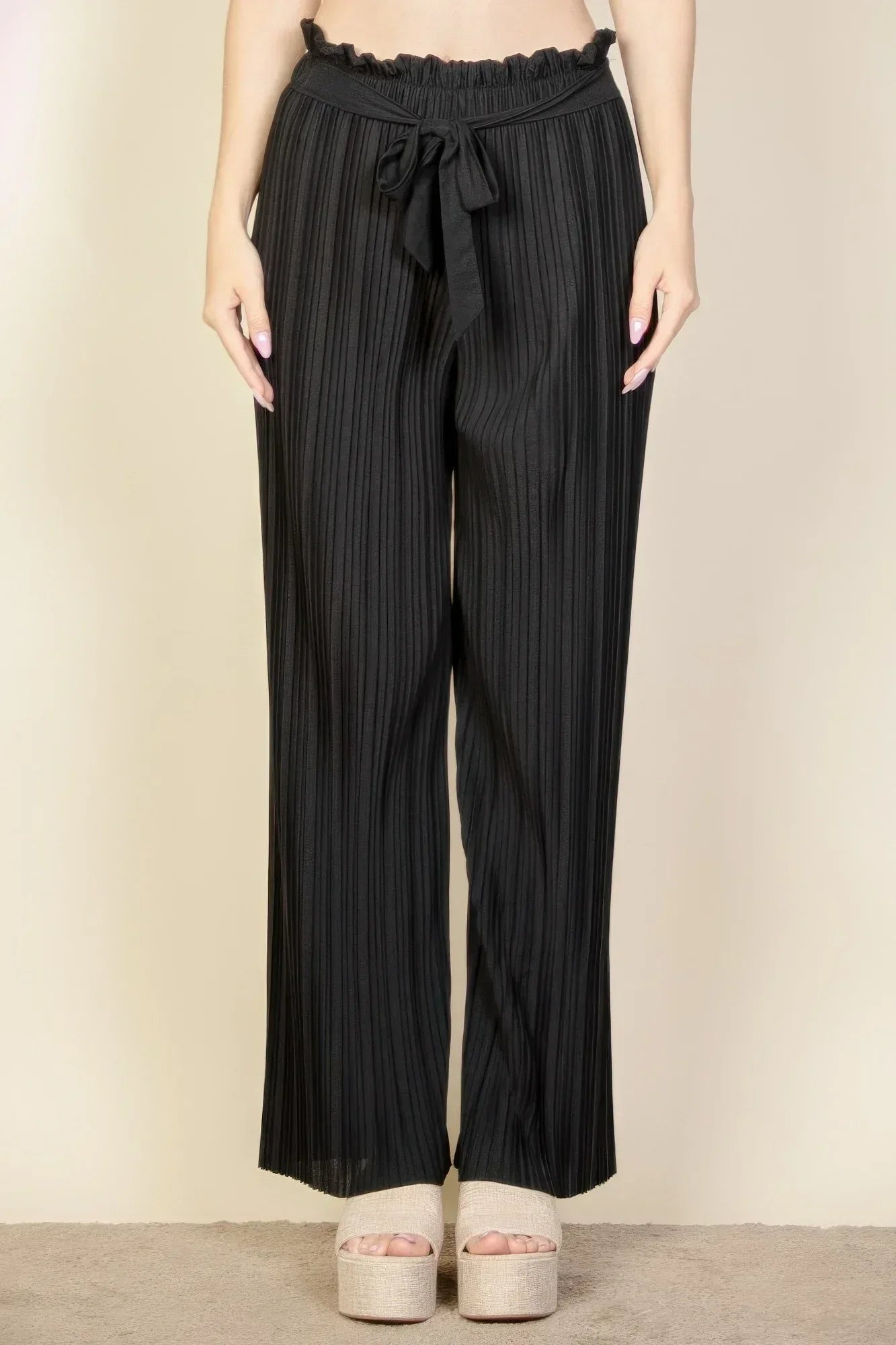 Pleated Stretch Crepe Pull-on Wide Leg Tie Front Pants | Mixtshop LLC Main image