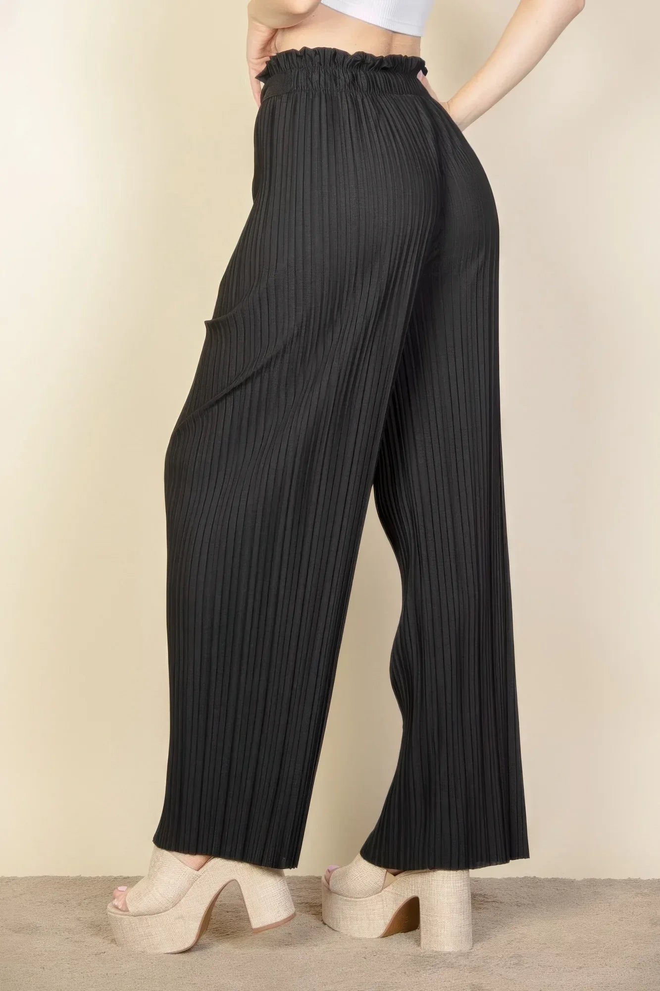 Pleated Stretch Crepe Pull-on Wide Leg Tie Front Pants | Mixtshop LLC