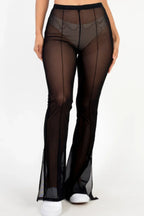 Poly Mesh Front Slit High Waist Flared Pants | Mixtshop LLC