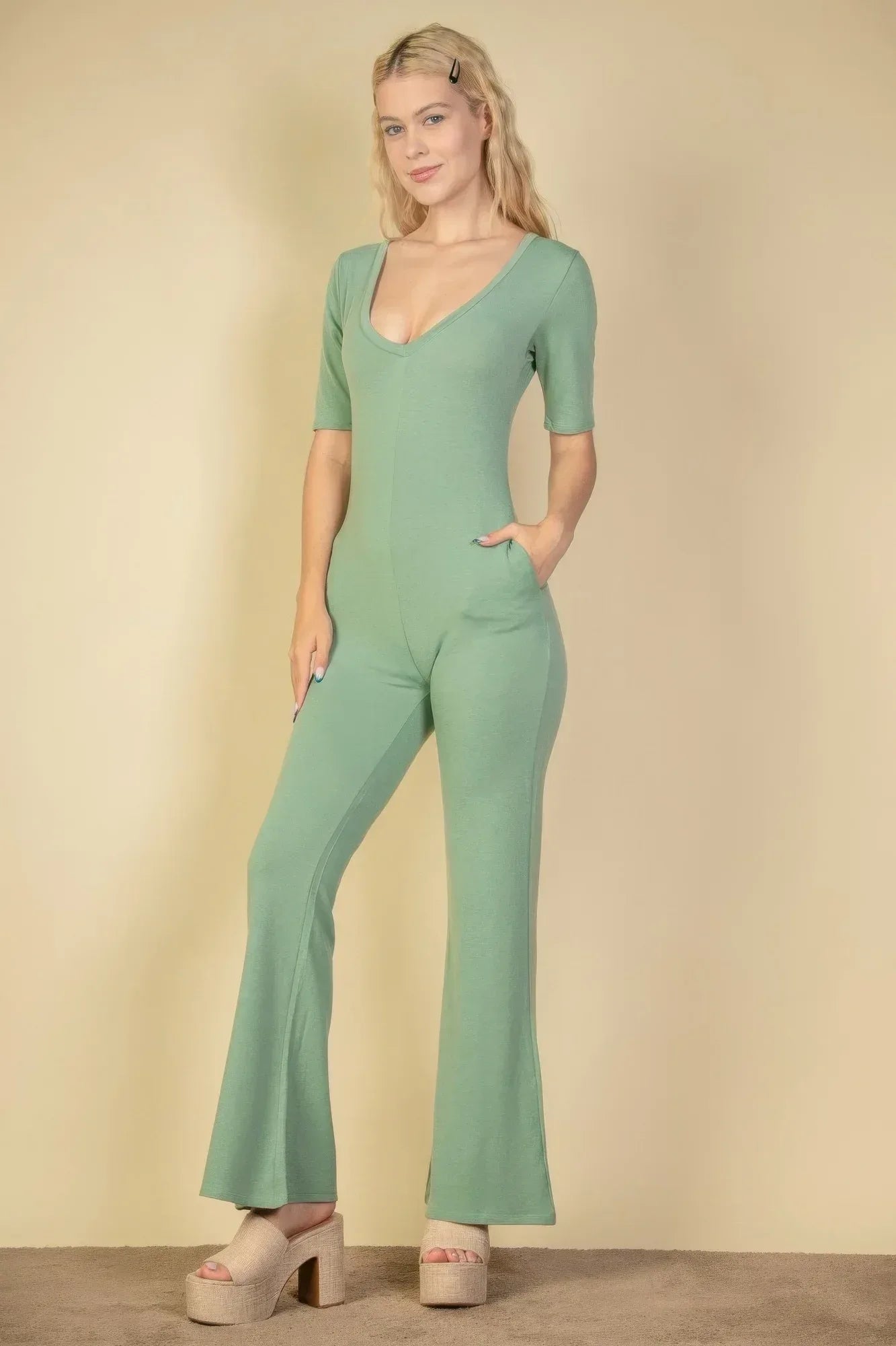 French Terry Short Sleeve Flare Jumpsuit | Mixtshop LLC Main image