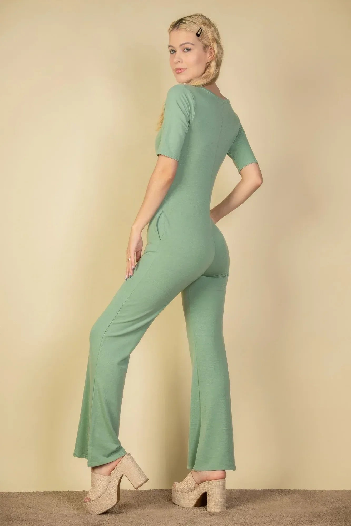 French Terry Short Sleeve Flare Jumpsuit Secondary image