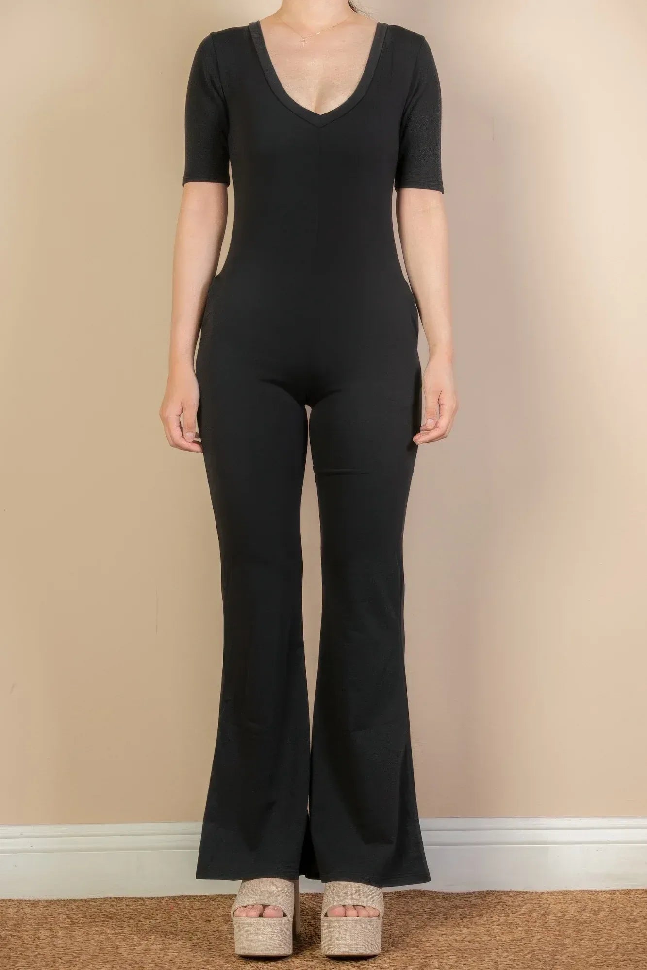 French Terry Short Sleeve Flare Jumpsuit | Mixtshop LLC