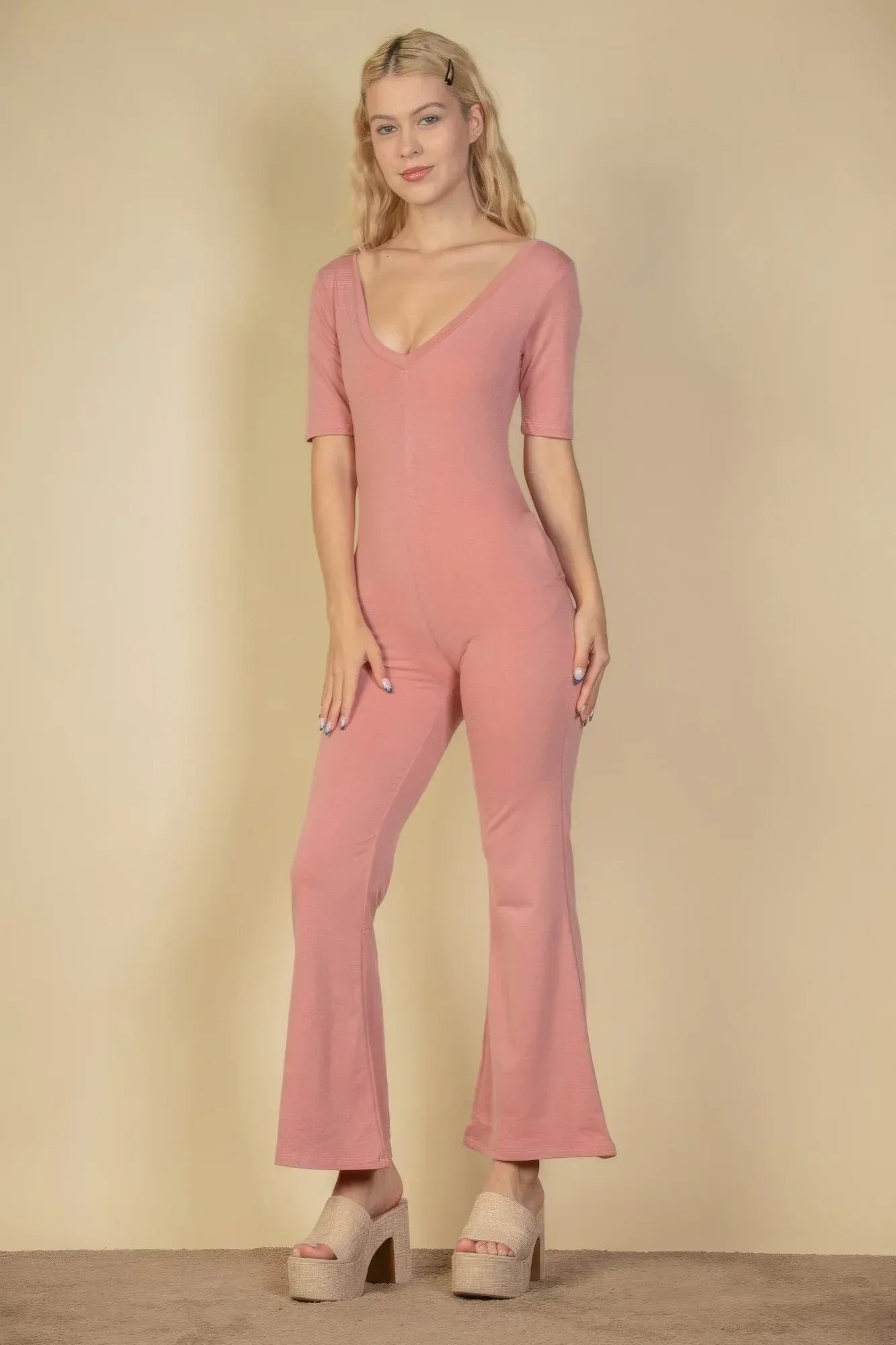 French Terry Short Sleeve Flare Jumpsuit | Mixtshop LLC