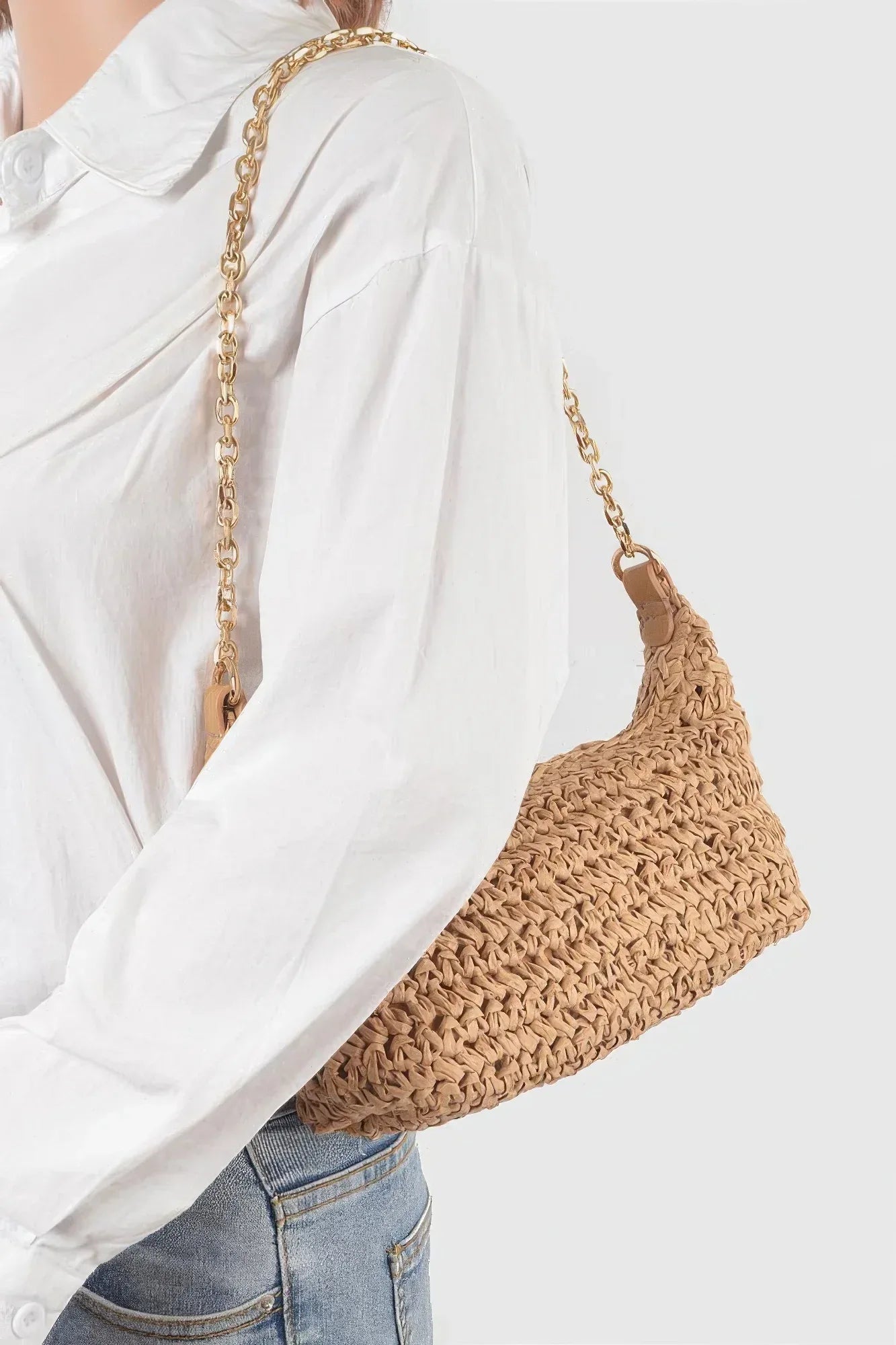 Faux Straw Zip Chain Shoulder Clutch Secondary image