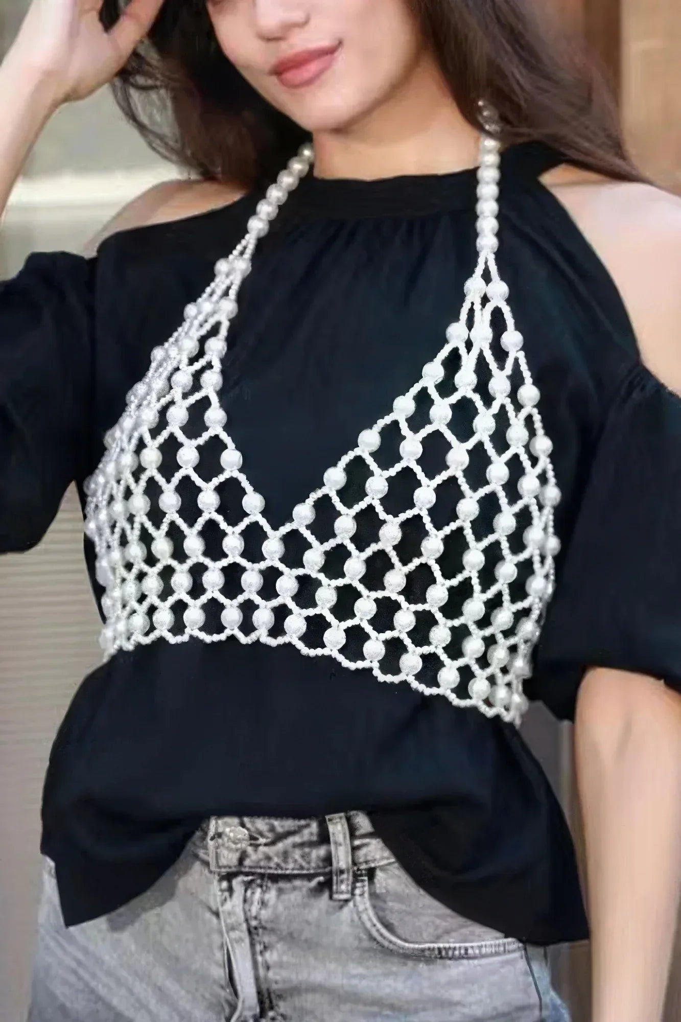 Faux Pearl Halter Neck Top | Mixtshop LLC Main image