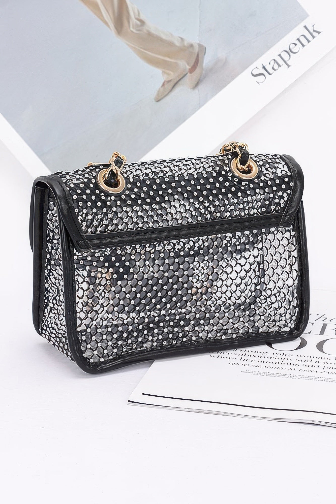 Rhinestone Mesh Flap Shoulder Bag | Mixtshop LLC
