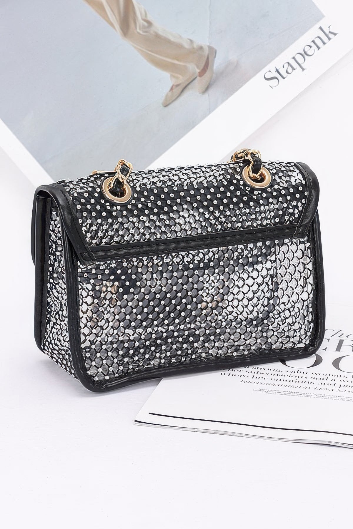 Rhinestone Mesh Flap Shoulder Bag | Mixtshop LLC