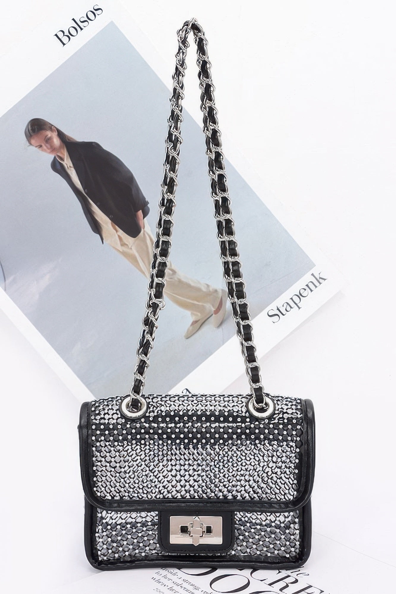 Rhinestone Mesh Flap Shoulder Bag | Mixtshop LLC