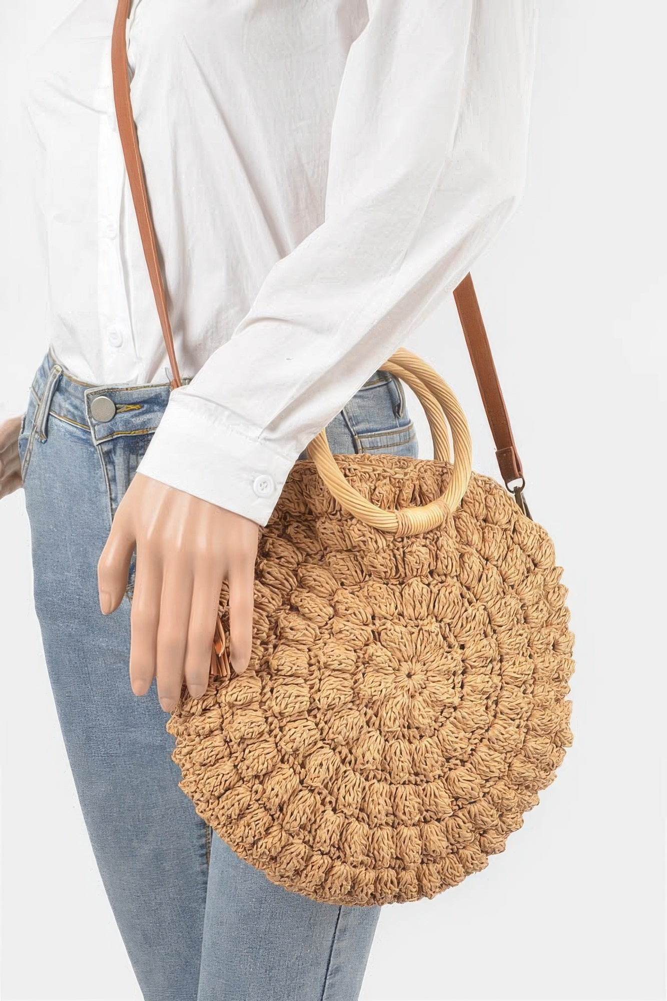 Faux Straw Round Wood Handle Bag | Mixtshop LLC
