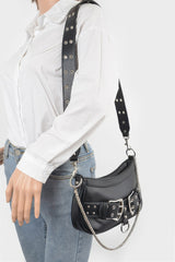 Faux Leather Stud Double Buckles Shoulder Bag | Mixtshop LLC