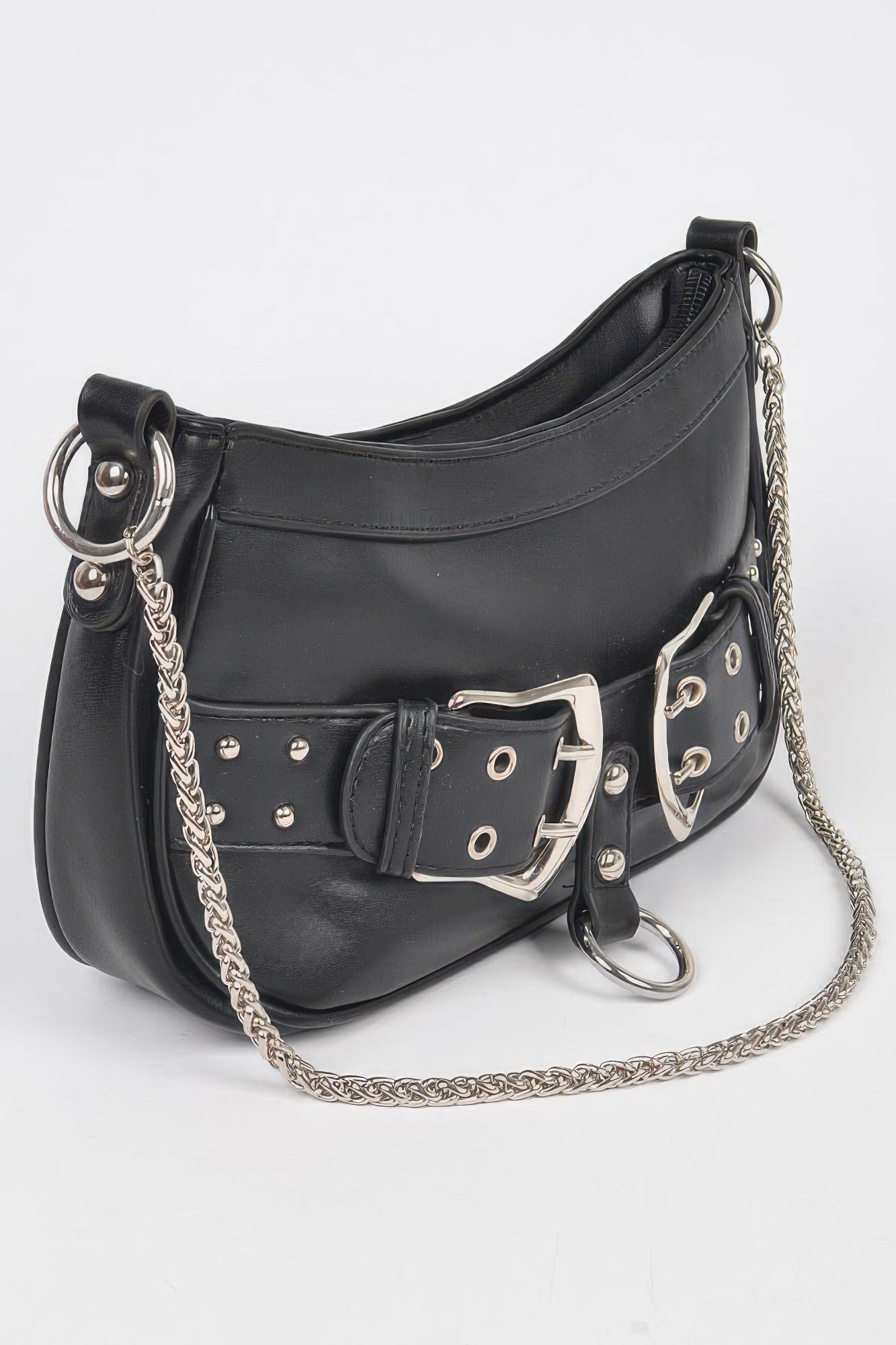 Faux Leather Stud Double Buckles Shoulder Bag | Mixtshop LLC