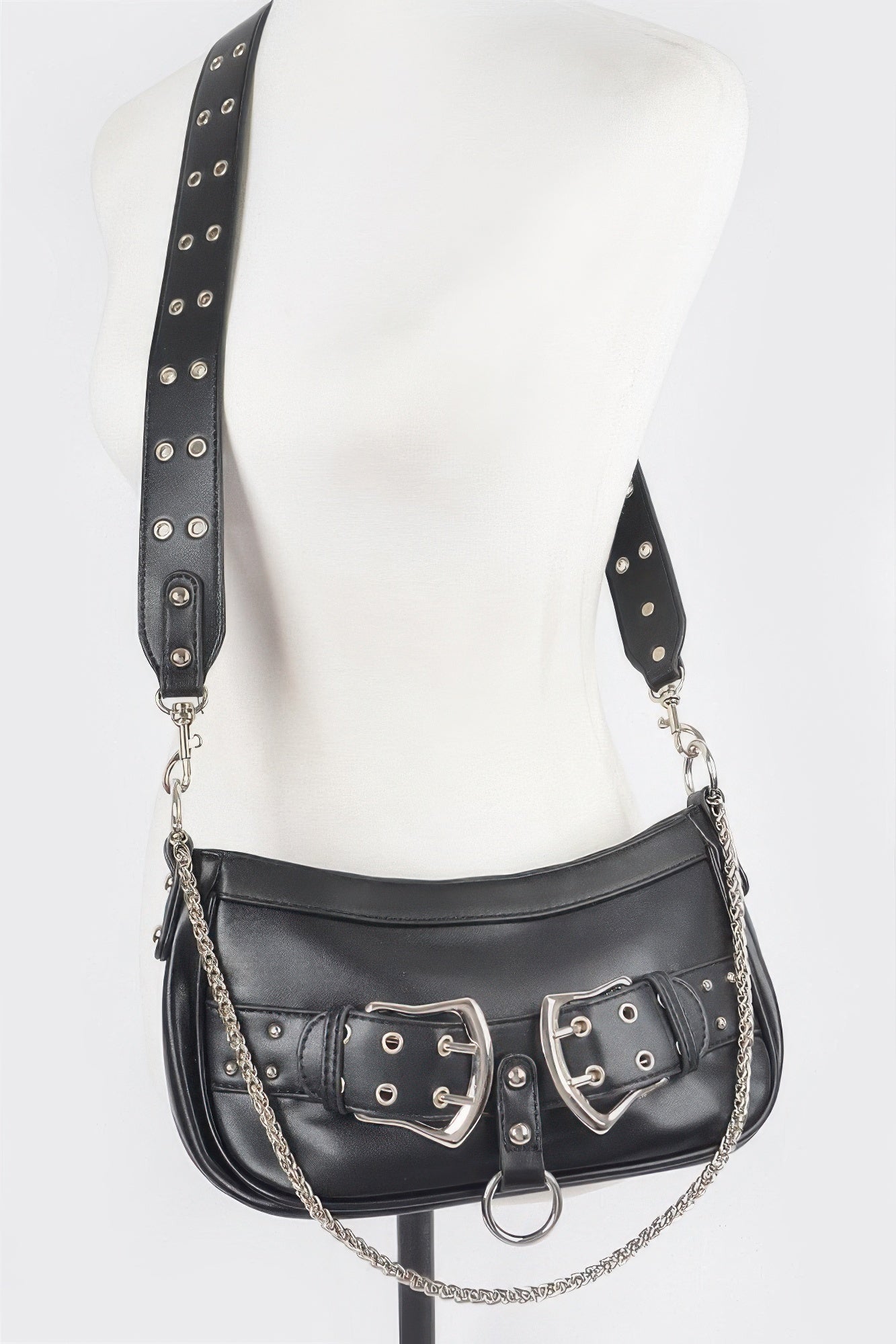 Faux Leather Stud Double Buckles Shoulder Bag | Mixtshop LLC