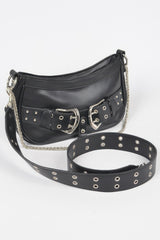 Faux Leather Stud Double Buckles Shoulder Bag | Mixtshop LLC