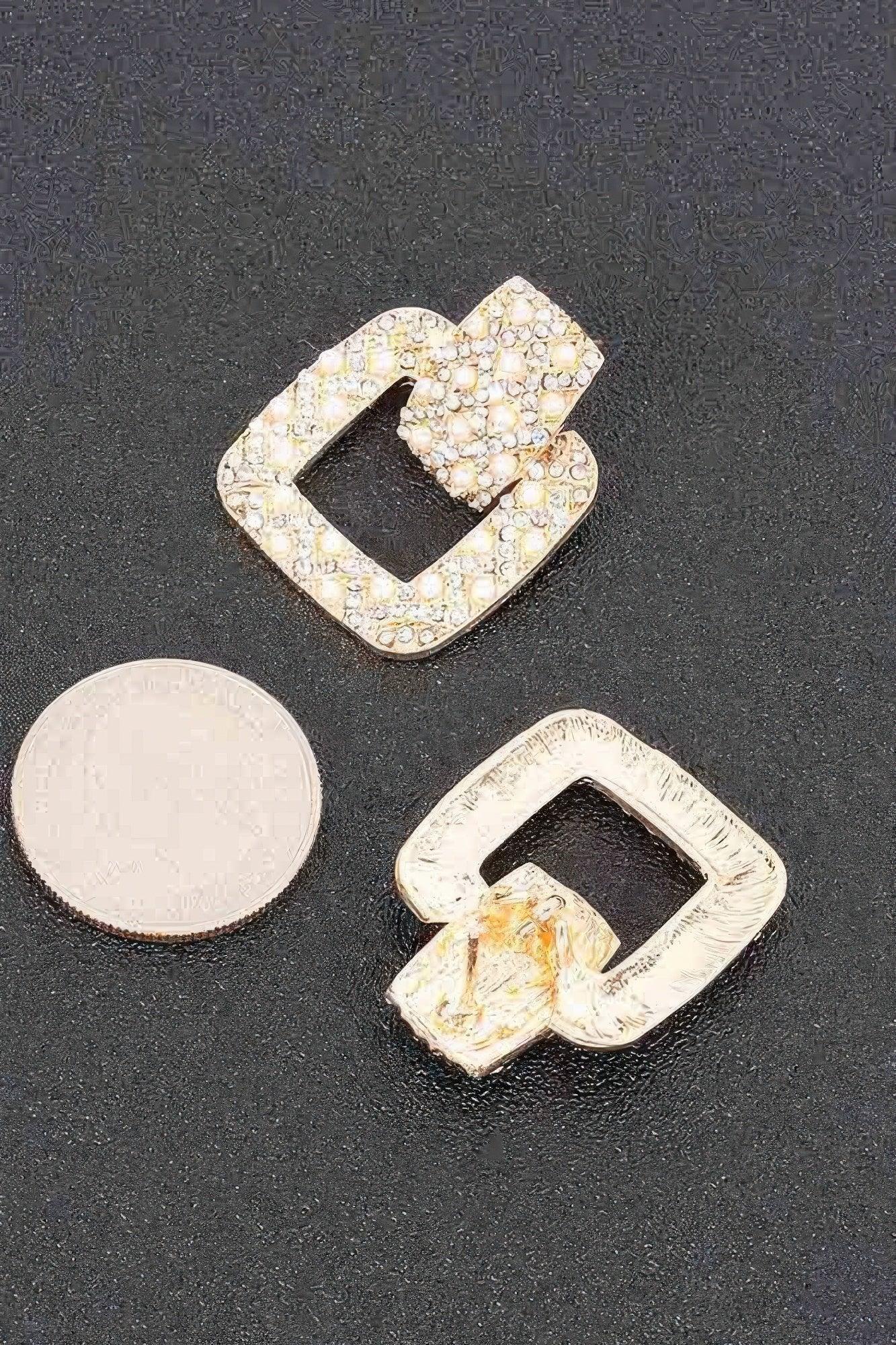 Rectangle Link Faux Pearlrhinestonedangle Earrings Secondary image