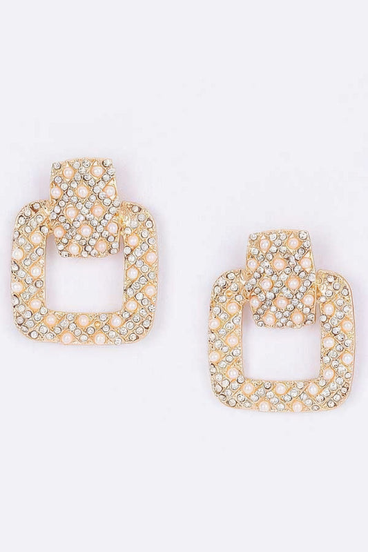 Rectangle Link Faux Pearlrhinestonedangle Earrings | Mixtshop LLC