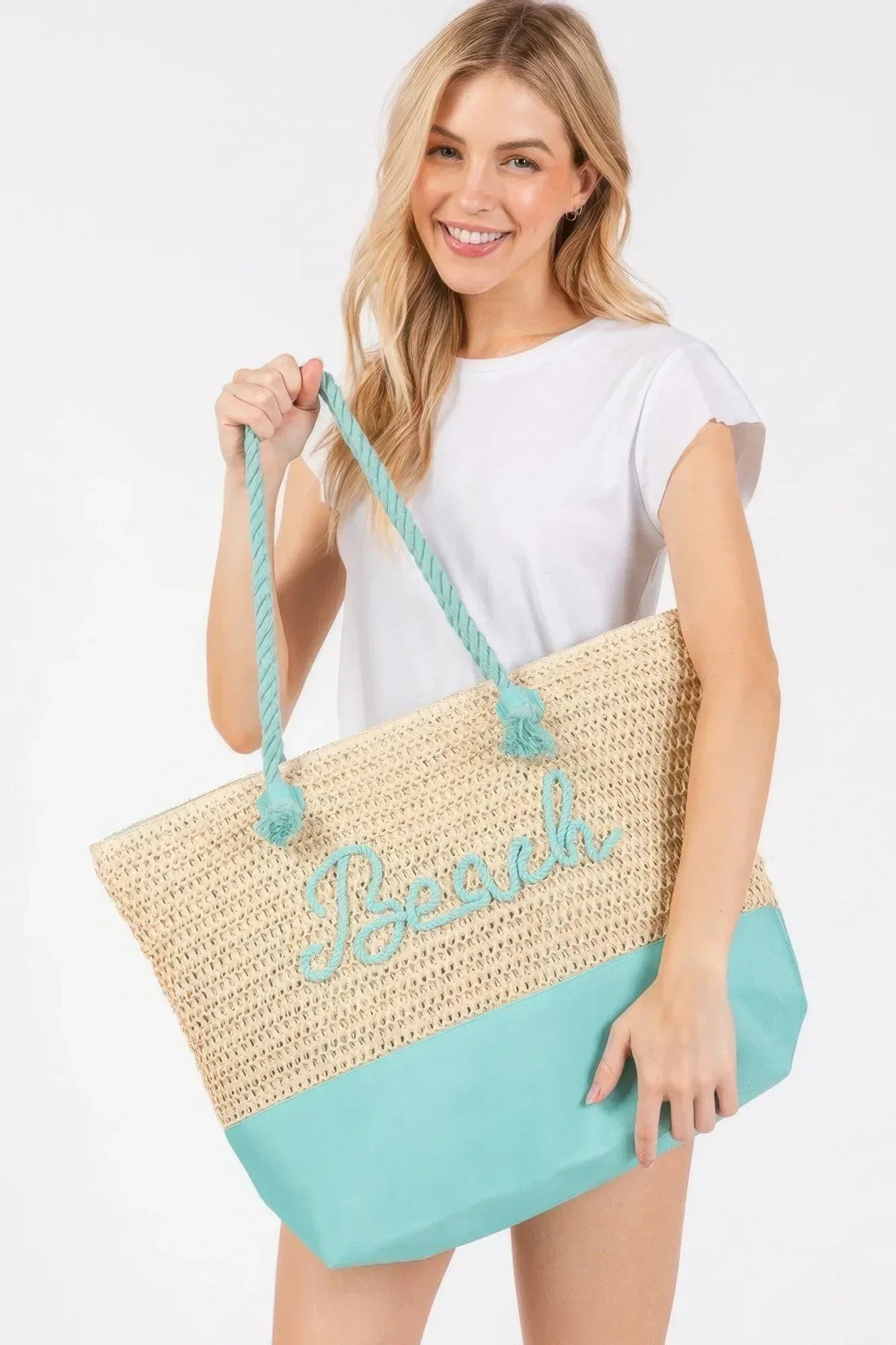 Color Sewn Rope Beach Letter And Strap Crochet Fabric Tote | Mixtshop LLC Main image