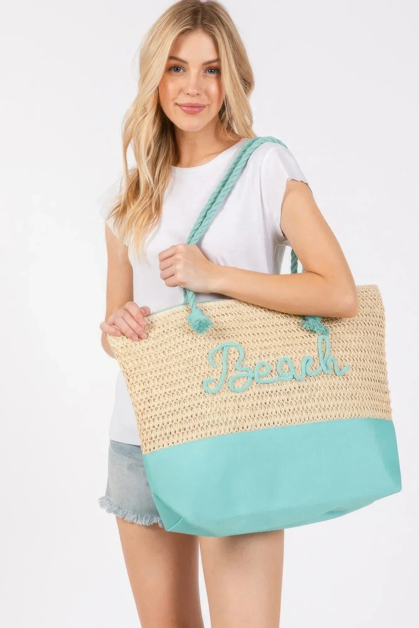 Color Sewn Rope Beach Letter And Strap Crochet Fabric Tote Secondary image