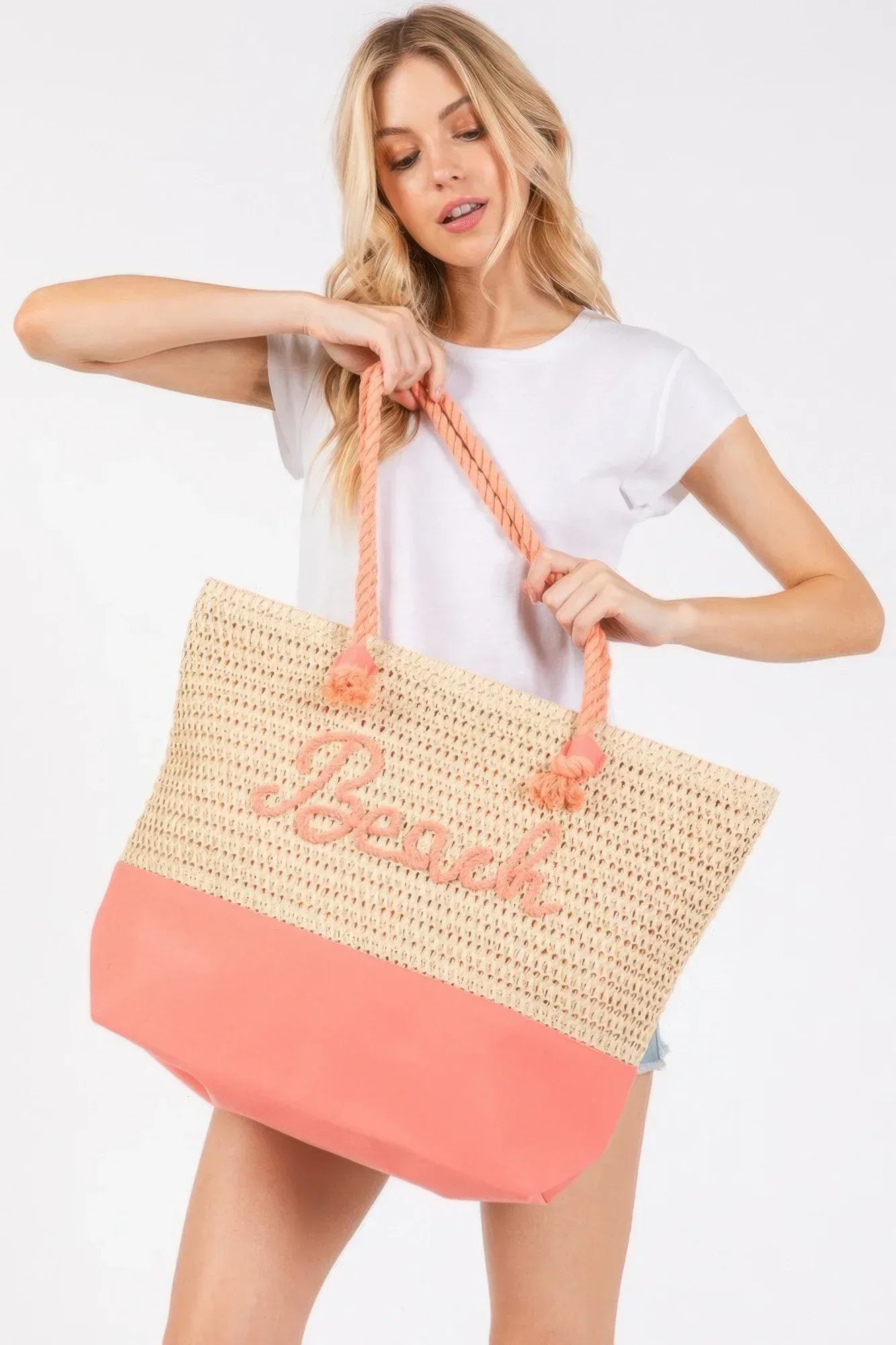 Color Sewn Rope Beach Letter And Strap Crochet Fabric Tote | Mixtshop LLC