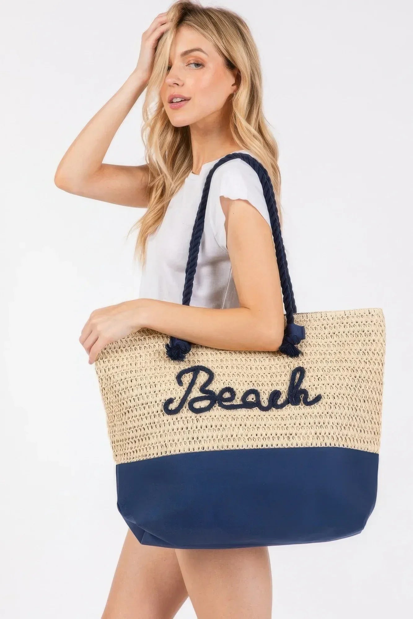 Color Sewn Rope Beach Letter And Strap Crochet Fabric Tote | Mixtshop LLC