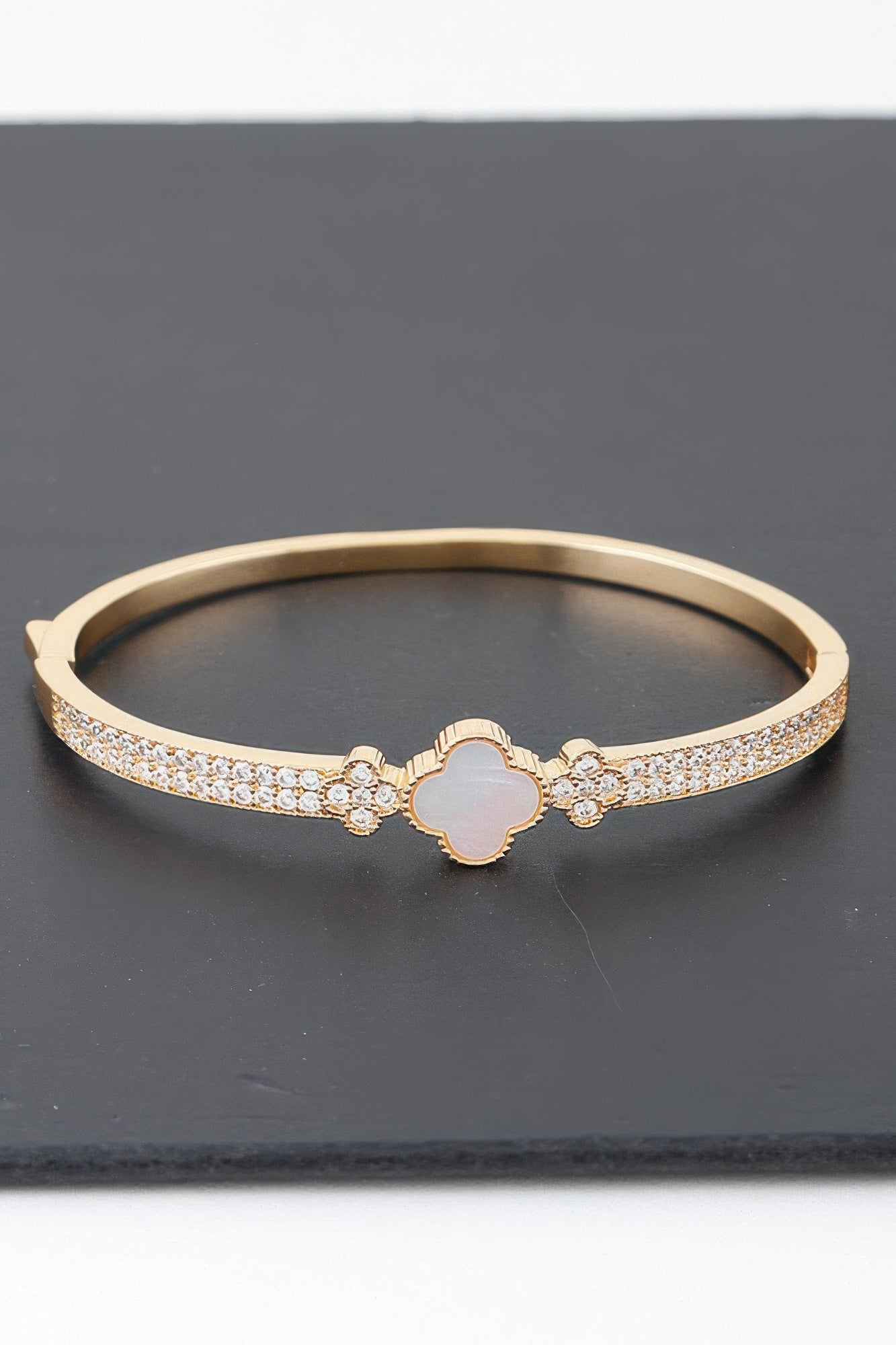 Gold Plated Pearl And Cz Pave Clover Bangle Bracelet | Mixtshop LLC