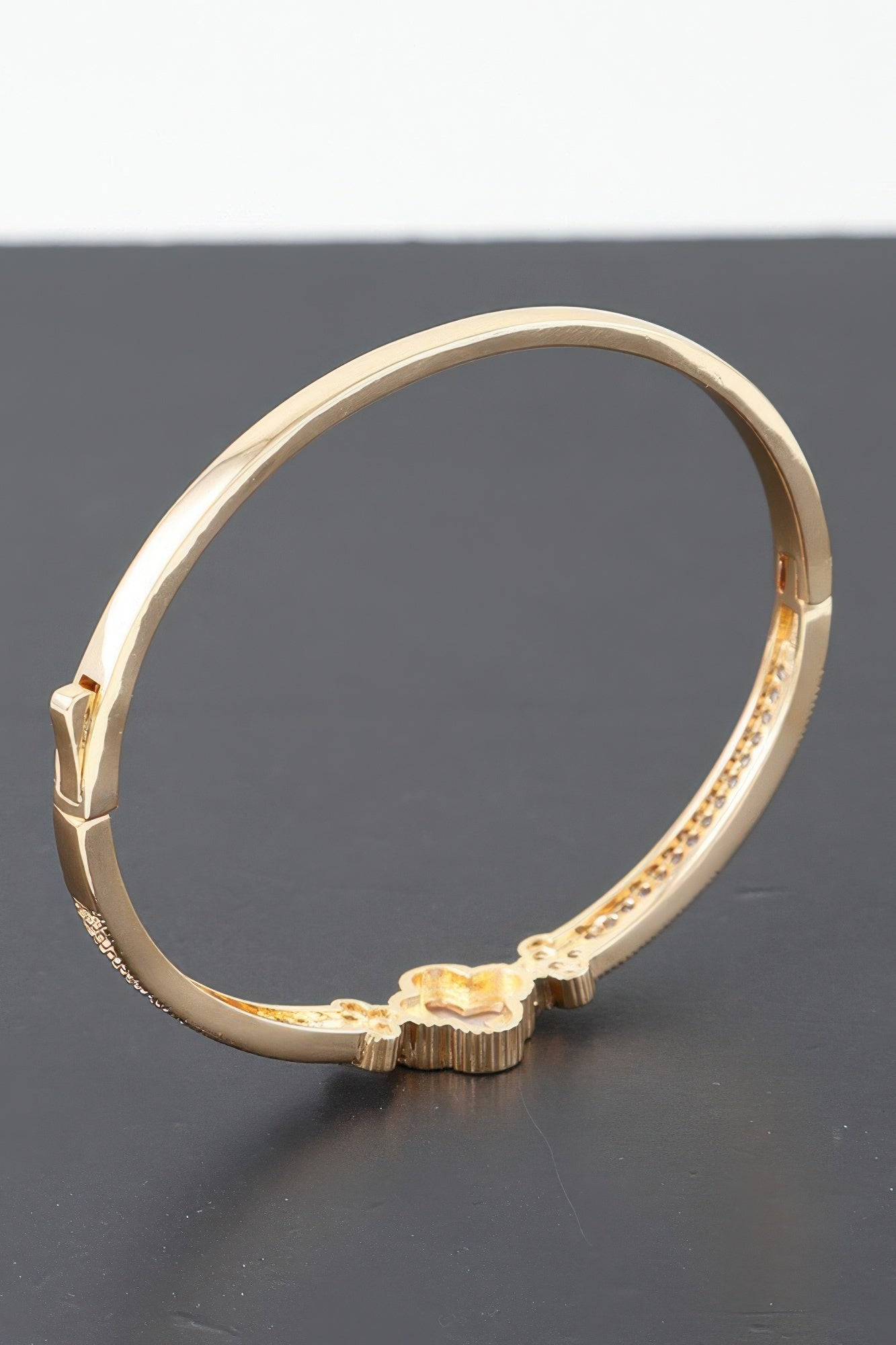 Gold Plated Pearl And Cz Pave Clover Bangle Bracelet | Mixtshop LLC