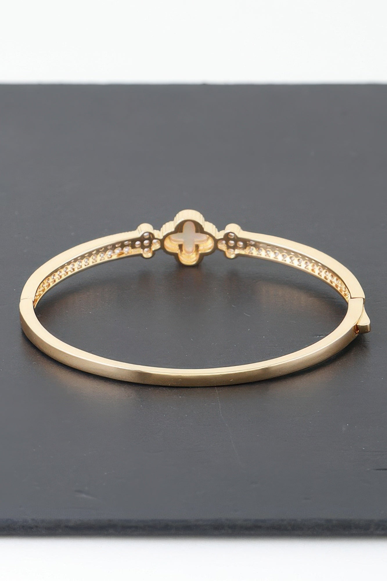 Gold Plated Pearl And Cz Pave Clover Bangle Bracelet | Mixtshop LLC