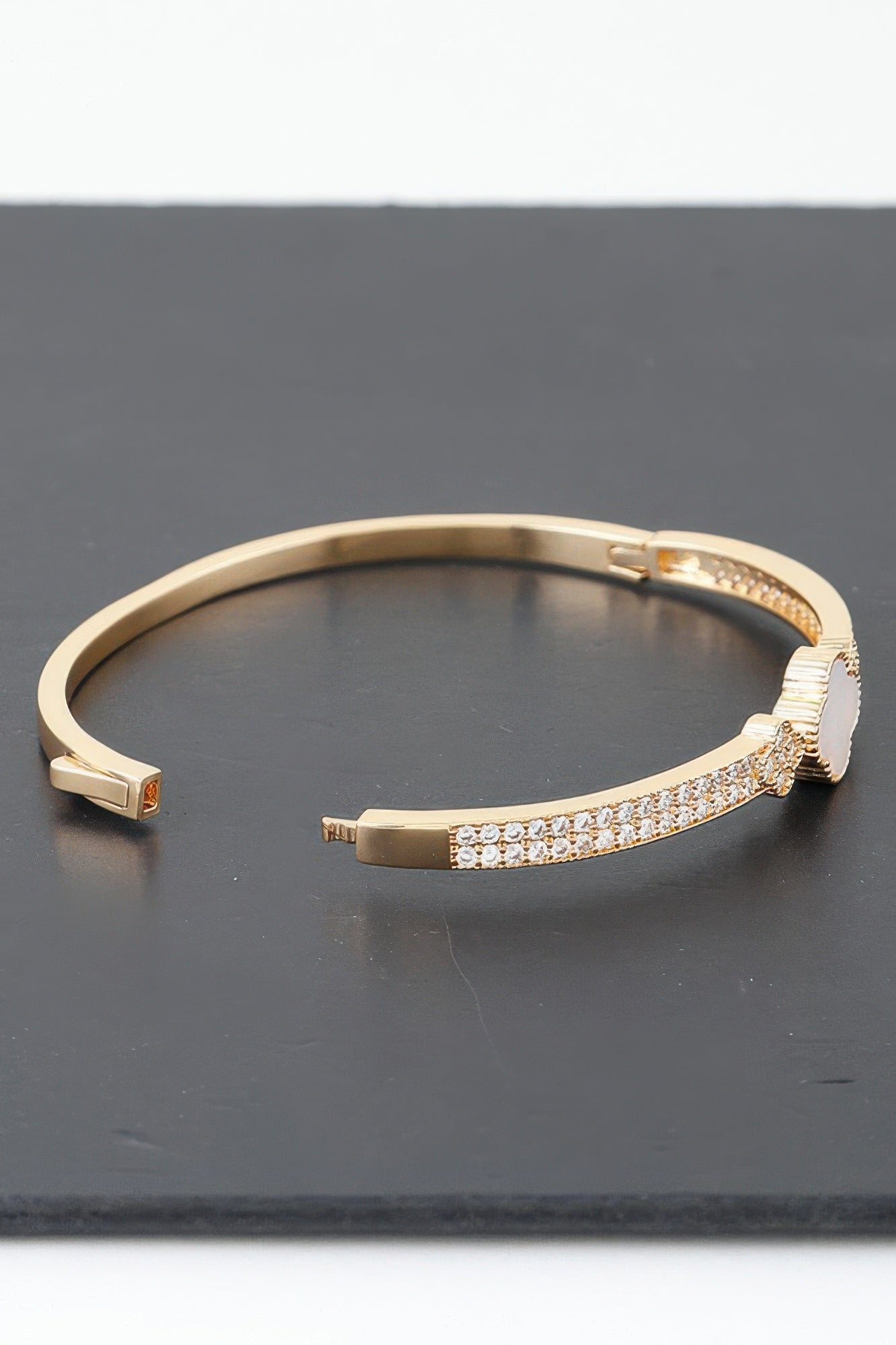 Gold Plated Pearl And Cz Pave Clover Bangle Bracelet | Mixtshop LLC