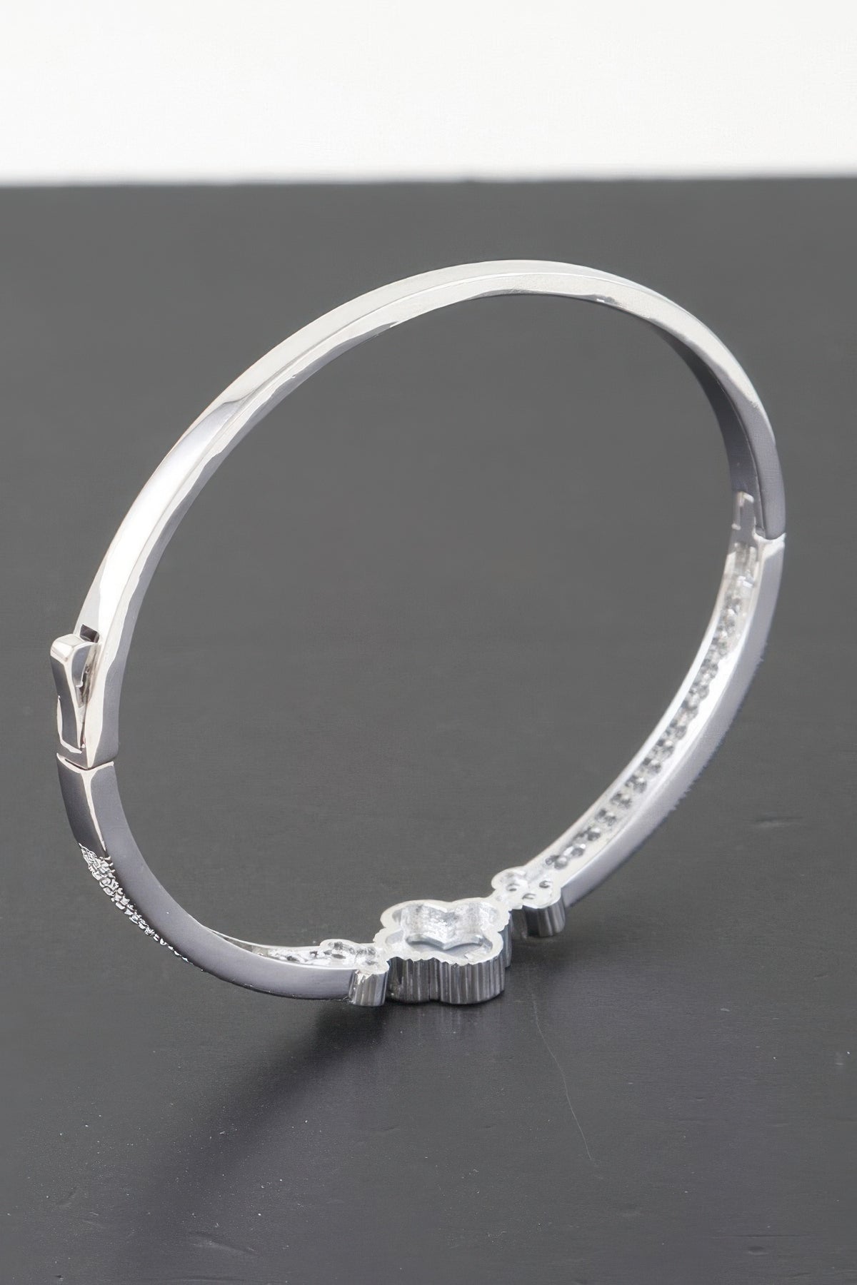 Gold Plated Pearl And Cz Pave Clover Bangle Bracelet | Mixtshop LLC