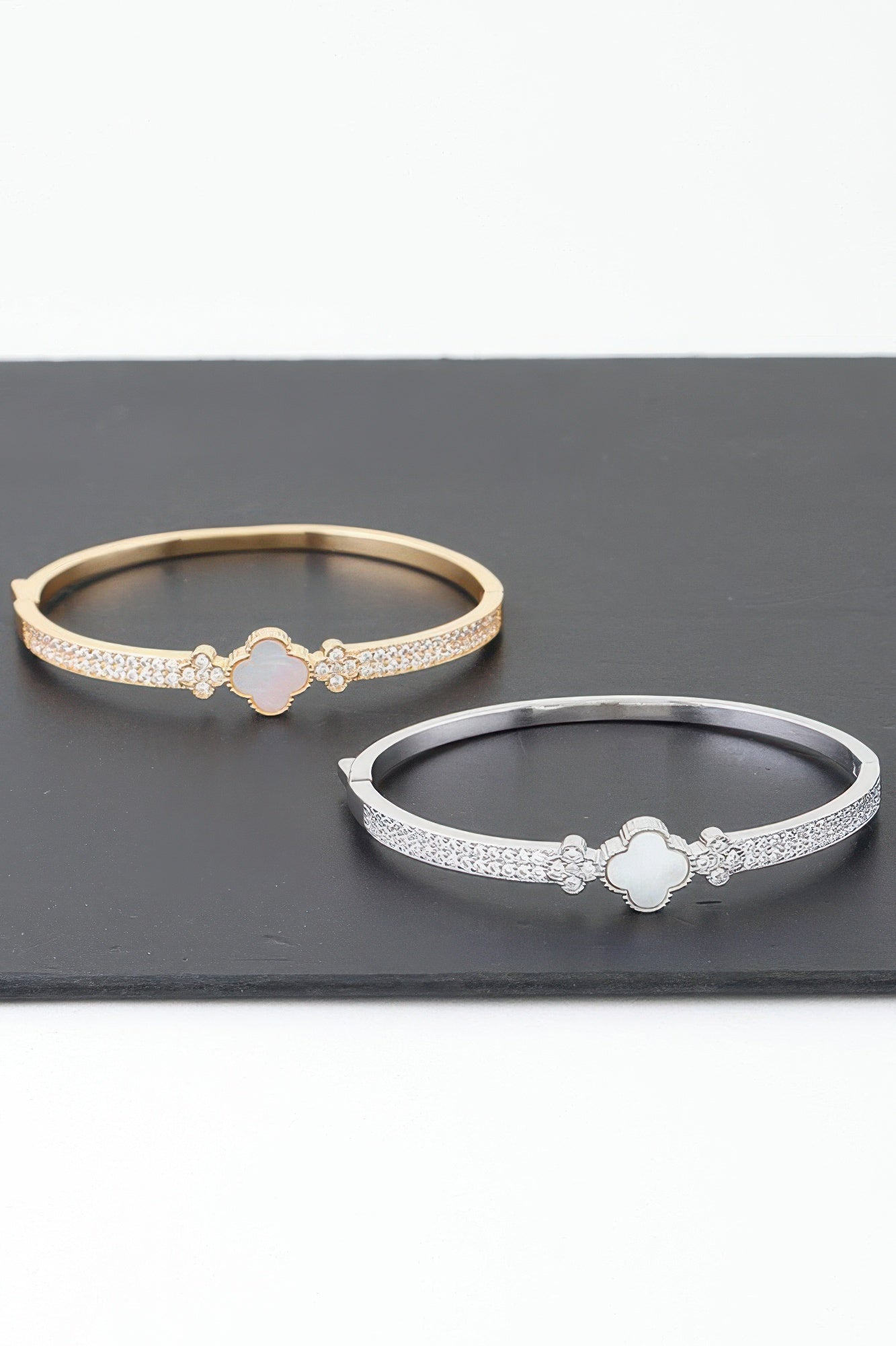 Gold Plated Pearl And Cz Pave Clover Bangle Bracelet | Mixtshop LLC