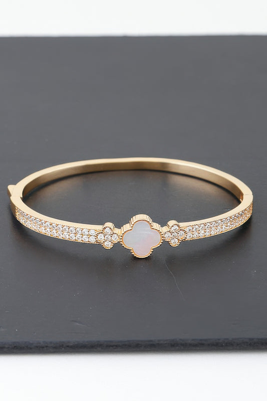 Gold Plated Pearl And Cz Pave Clover Bangle Bracelet | Mixtshop LLC