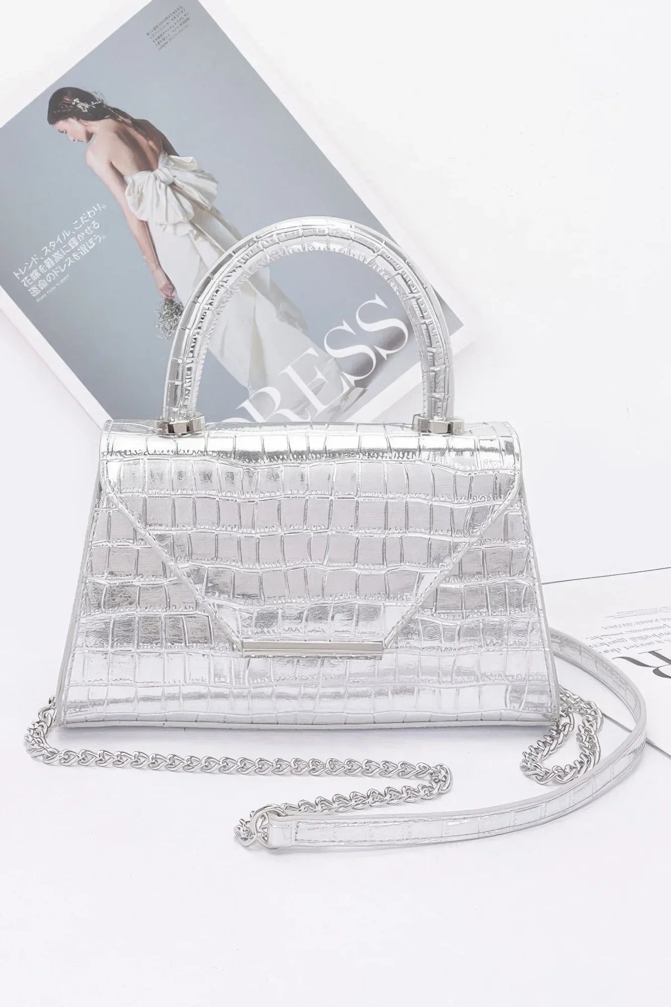Crocodile Embossed Metallic Leather Top Handle Bag Secondary image