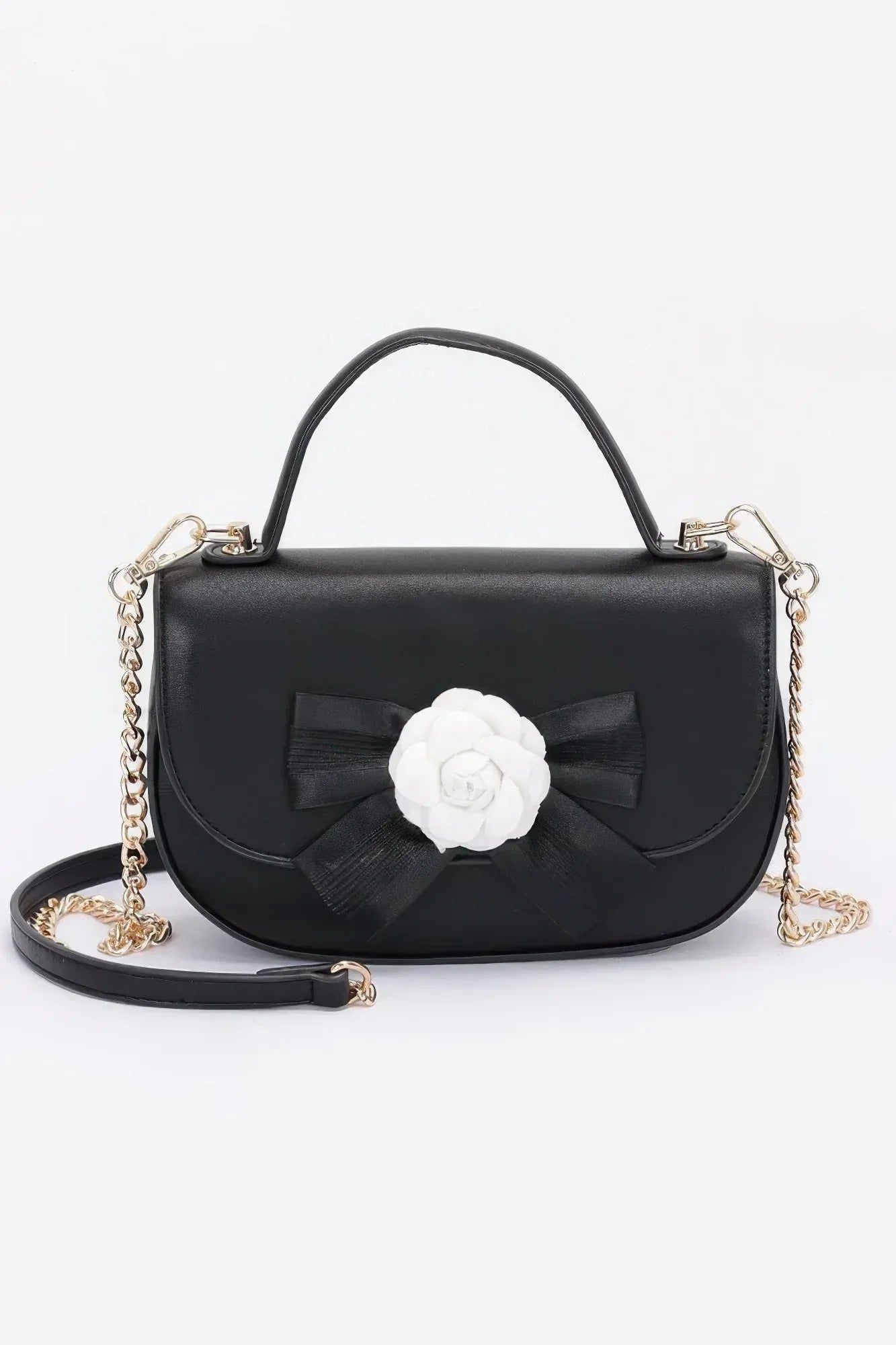 Faux Leather Flower Ribbon Top Handle Flap Bag | Mixtshop LLC Main image