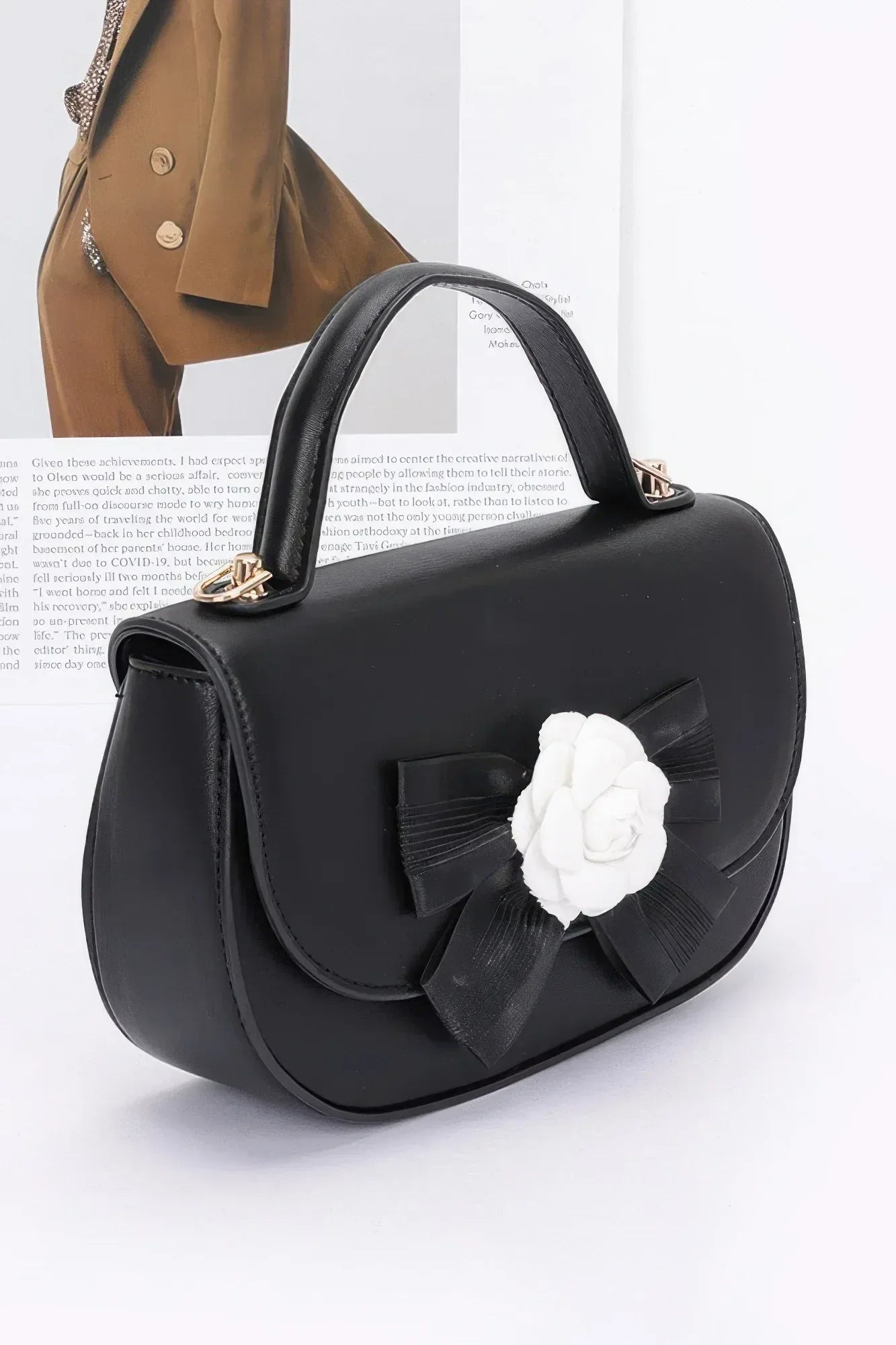 Faux Leather Flower Ribbon Top Handle Flap Bag | Mixtshop LLC