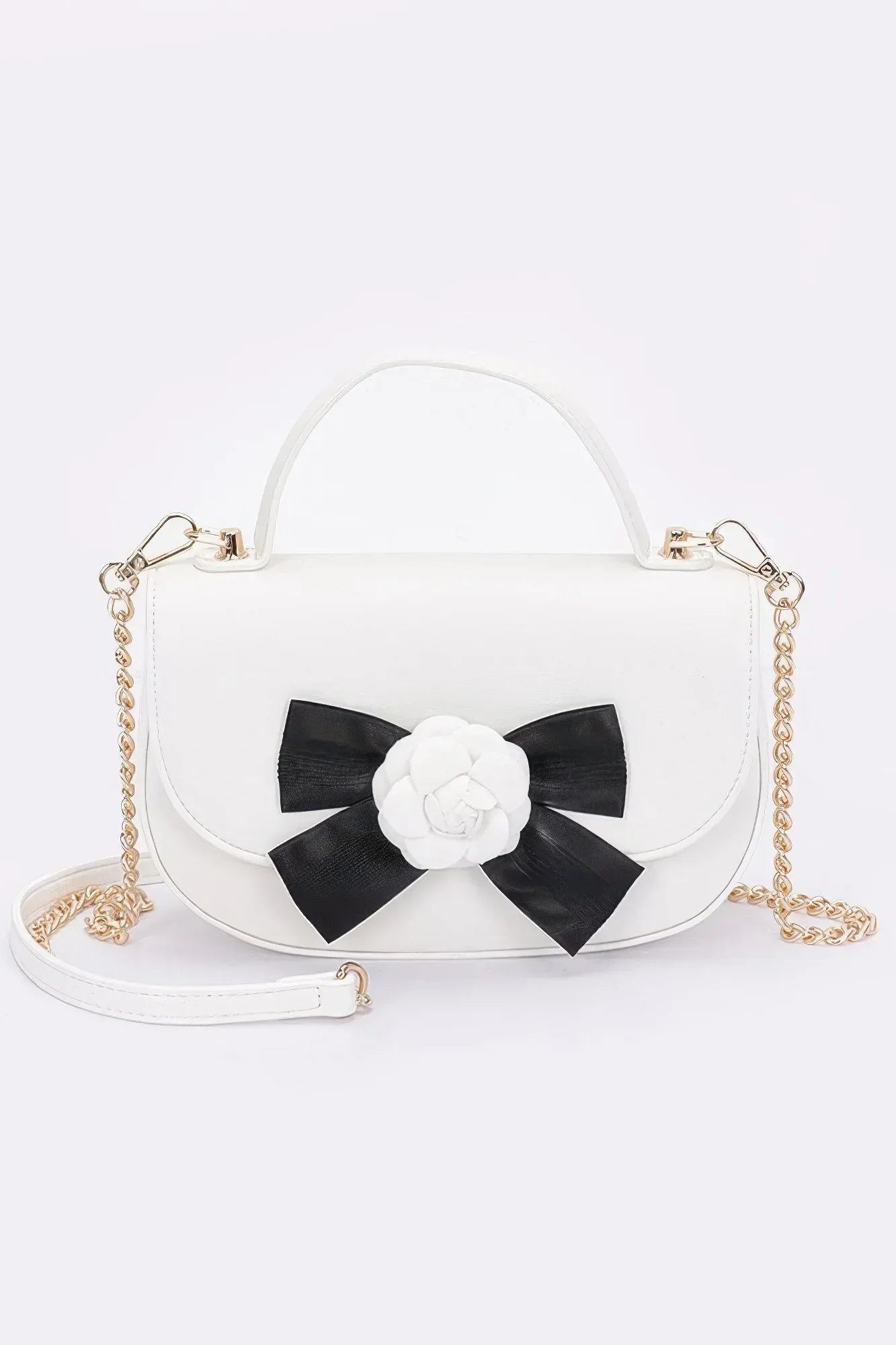Faux Leather Flower Ribbon Top Handle Flap Bag | Mixtshop LLC
