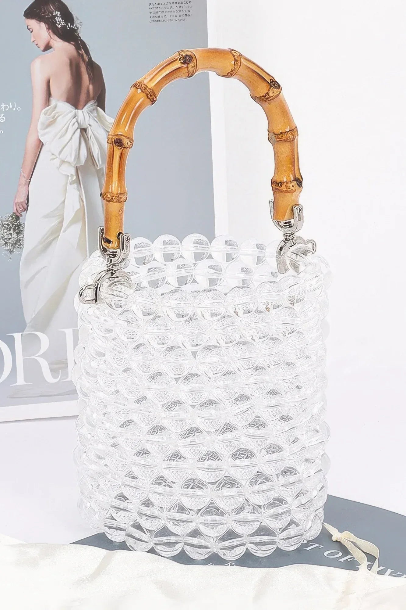 Bamboo Handle Transparent Bead Chic Tote Bag Secondary image