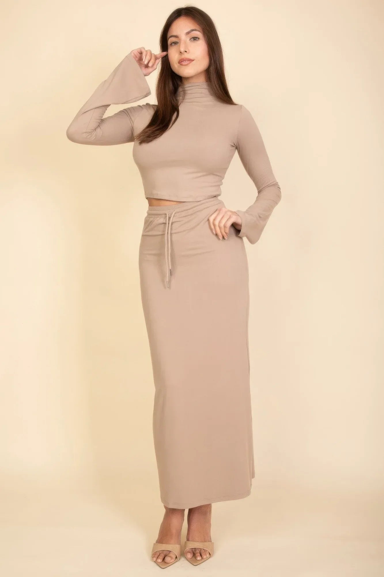 Mock Neck Bell Sleeve Crop Top & Maxi Skirt Set | Mixtshop LLC