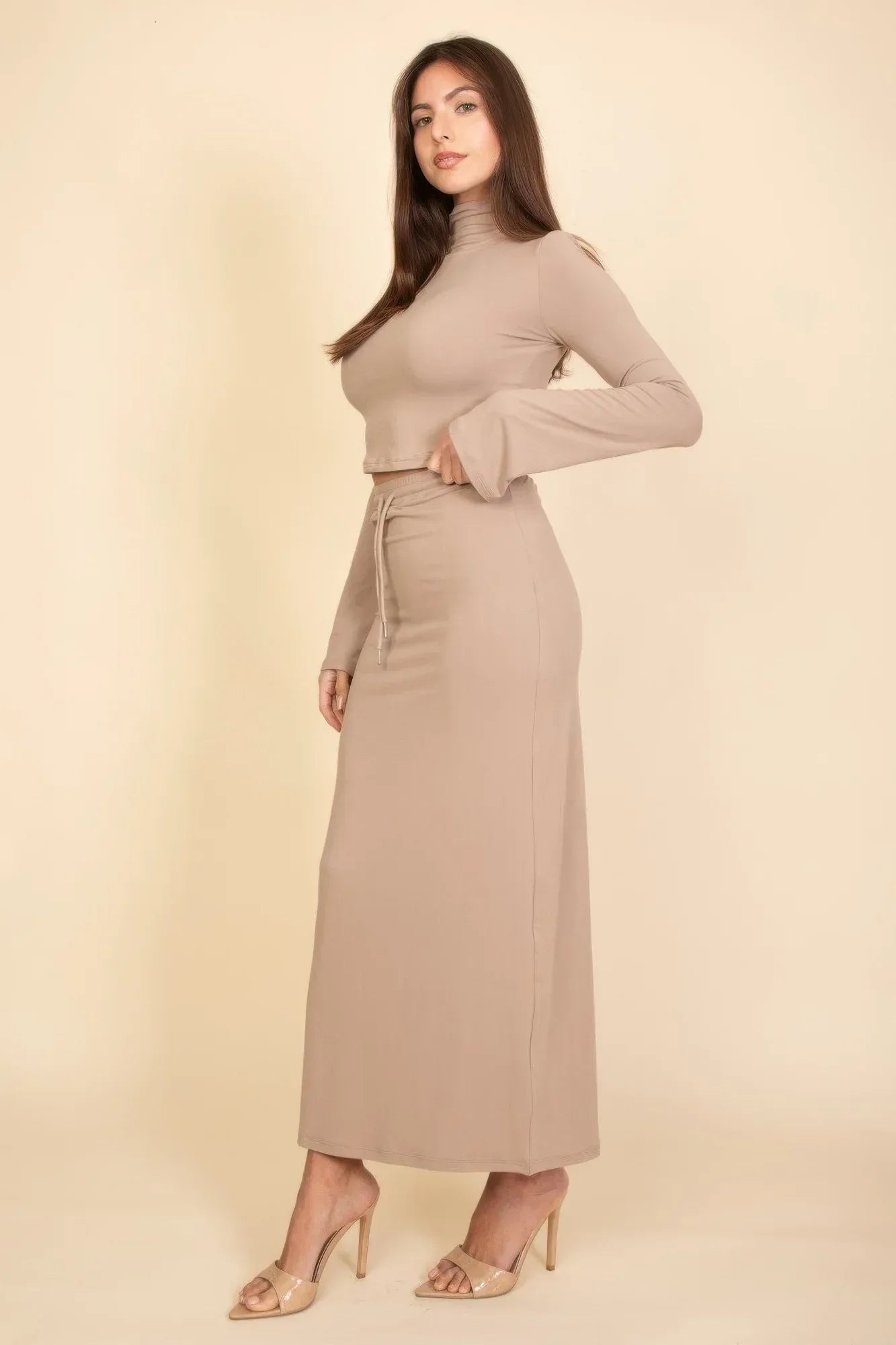Mock Neck Bell Sleeve Crop Top & Maxi Skirt Set | Mixtshop LLC
