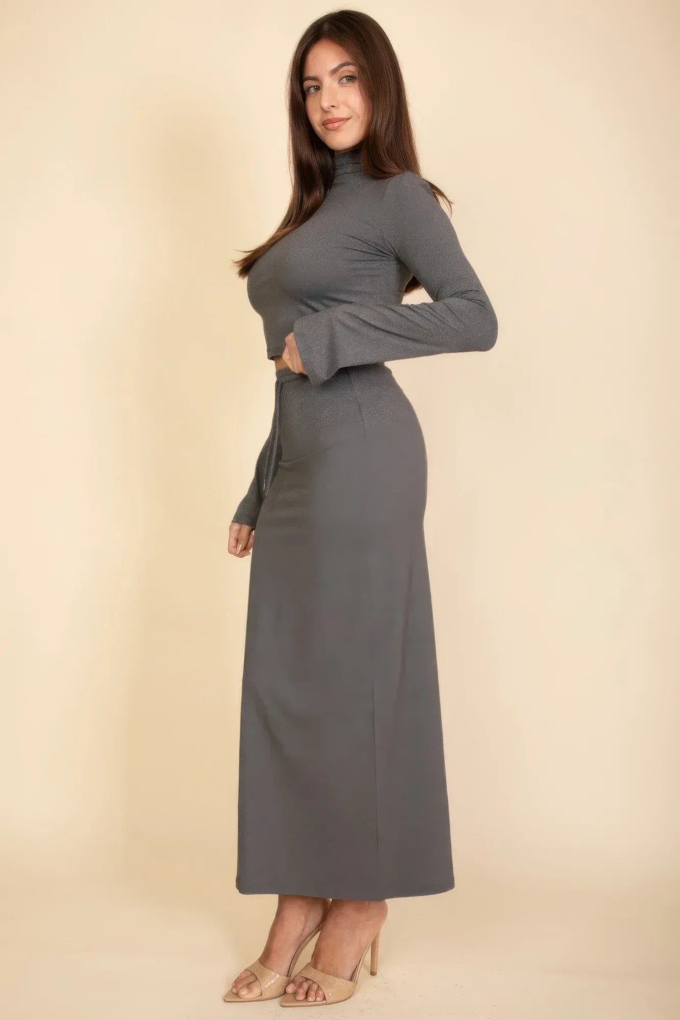 Mock Neck Bell Sleeve Crop Top & Maxi Skirt Set | Mixtshop LLC